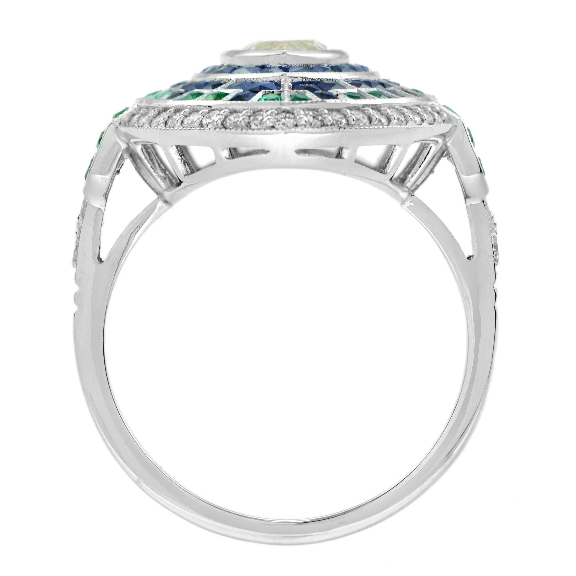 Taille Marquise Marquise Diamond & Emerald Sapphire Art Deco Style Halo White Gold Ring en vente