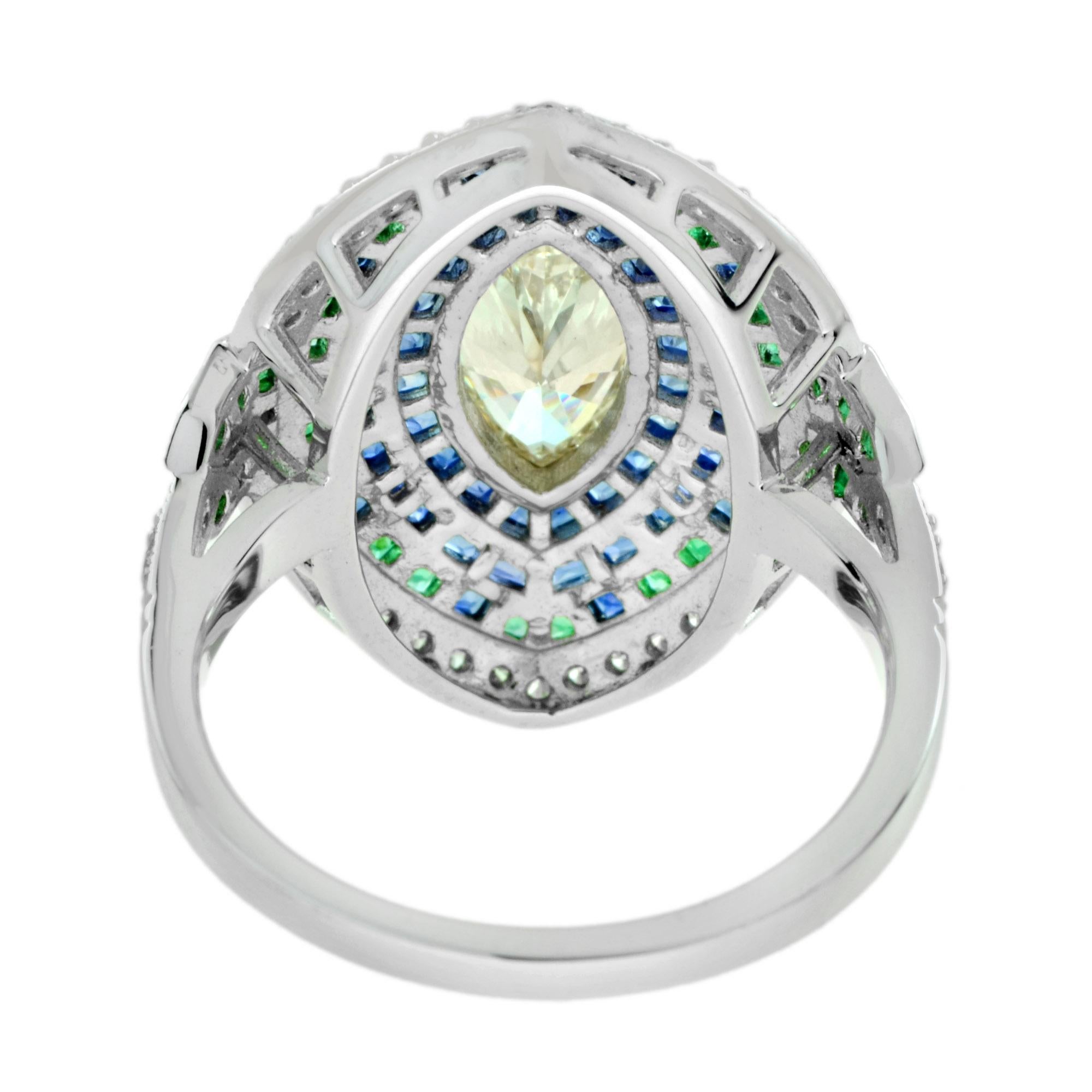 Marquise Diamond & Emerald Sapphire Art Deco Style Halo White Gold Ring Neuf - En vente à Oakton, VA
