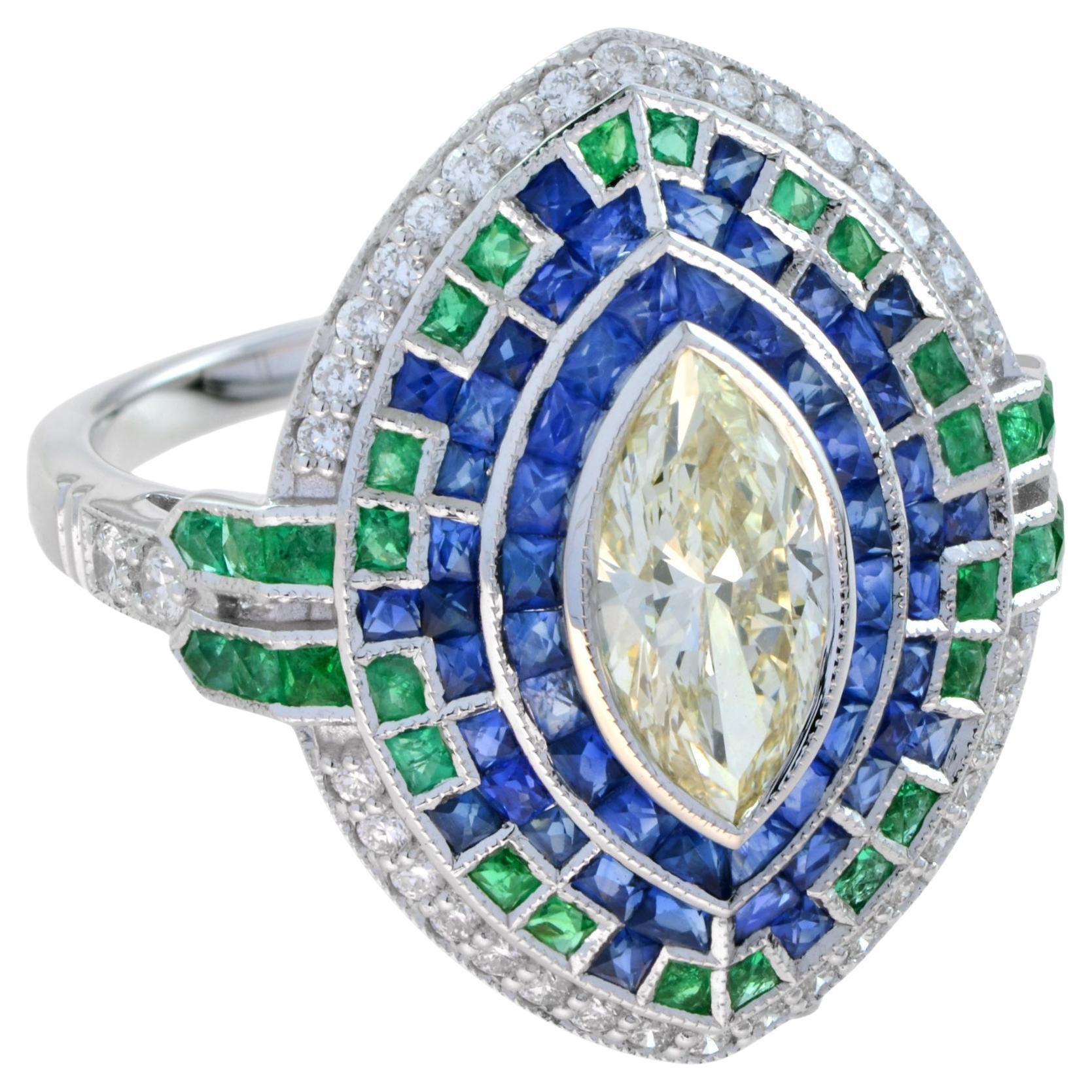 Marquise Diamond & Emerald Sapphire Art Deco Style Halo White Gold Ring