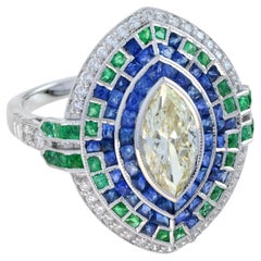 Marquise Diamond & Emerald Sapphire Art Deco Style Halo White Gold Ring