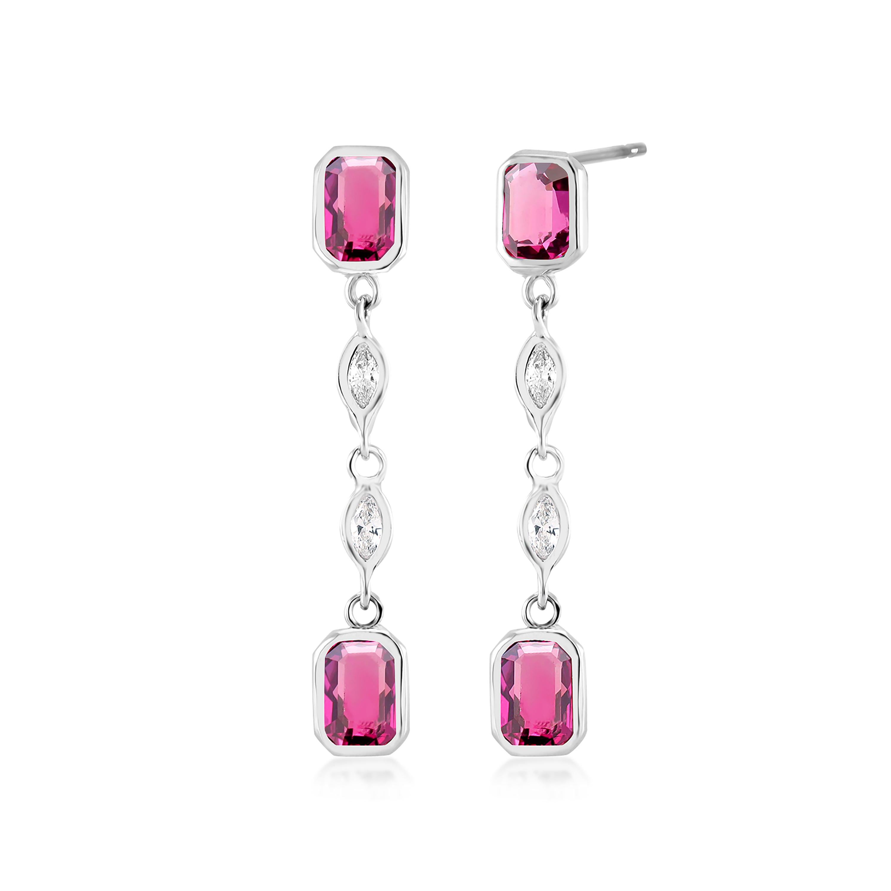 Emerald Cut Four Marquise Diamond and Four Emerald Shaped Ruby Drop Earrings 