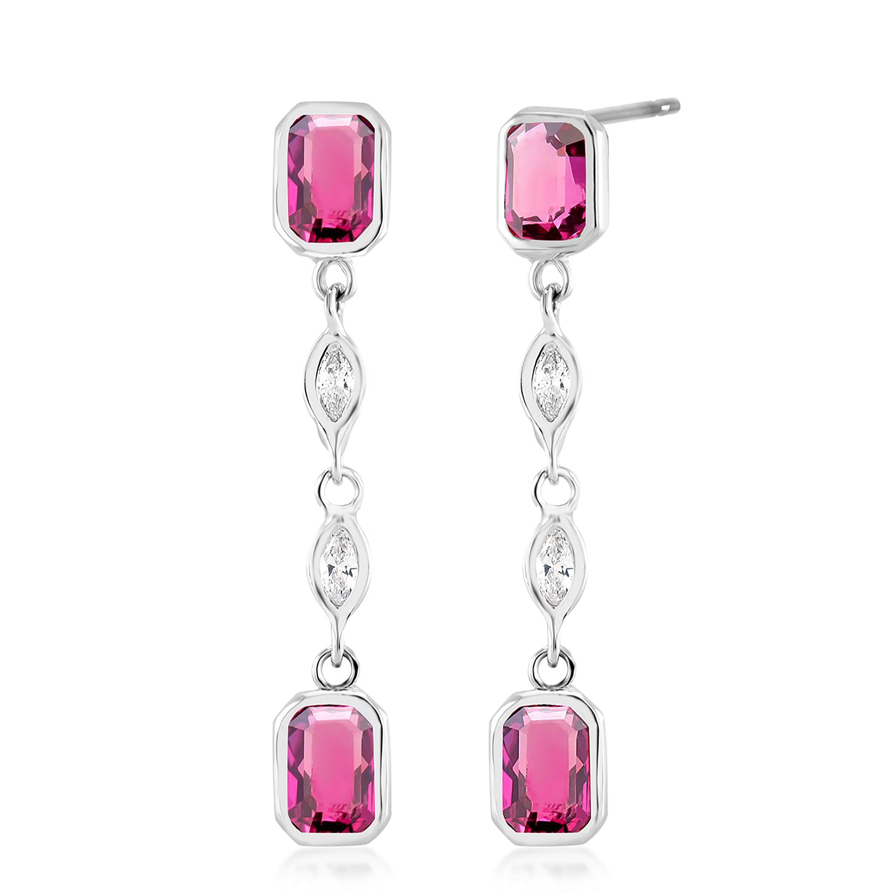 Women's Four Marquise Diamond and Four Emerald Shaped Ruby Drop Earrings 