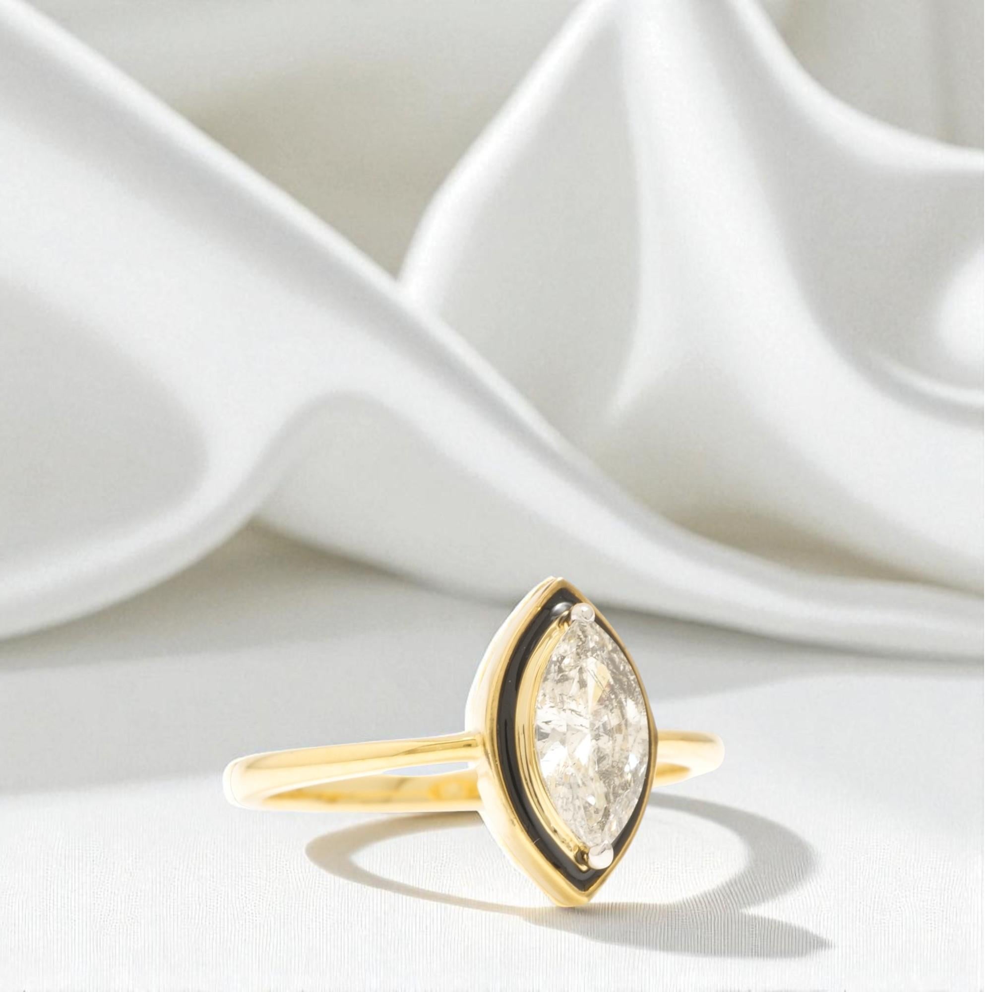 Anello aureola con diamante marquise e smalto in oro massiccio 14k (certificato) in vendita 2