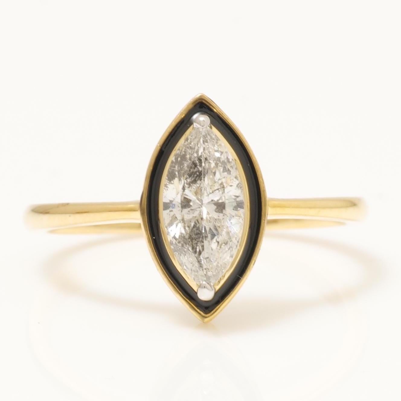 Anello aureola con diamante marquise e smalto in oro massiccio 14k (certificato) in vendita