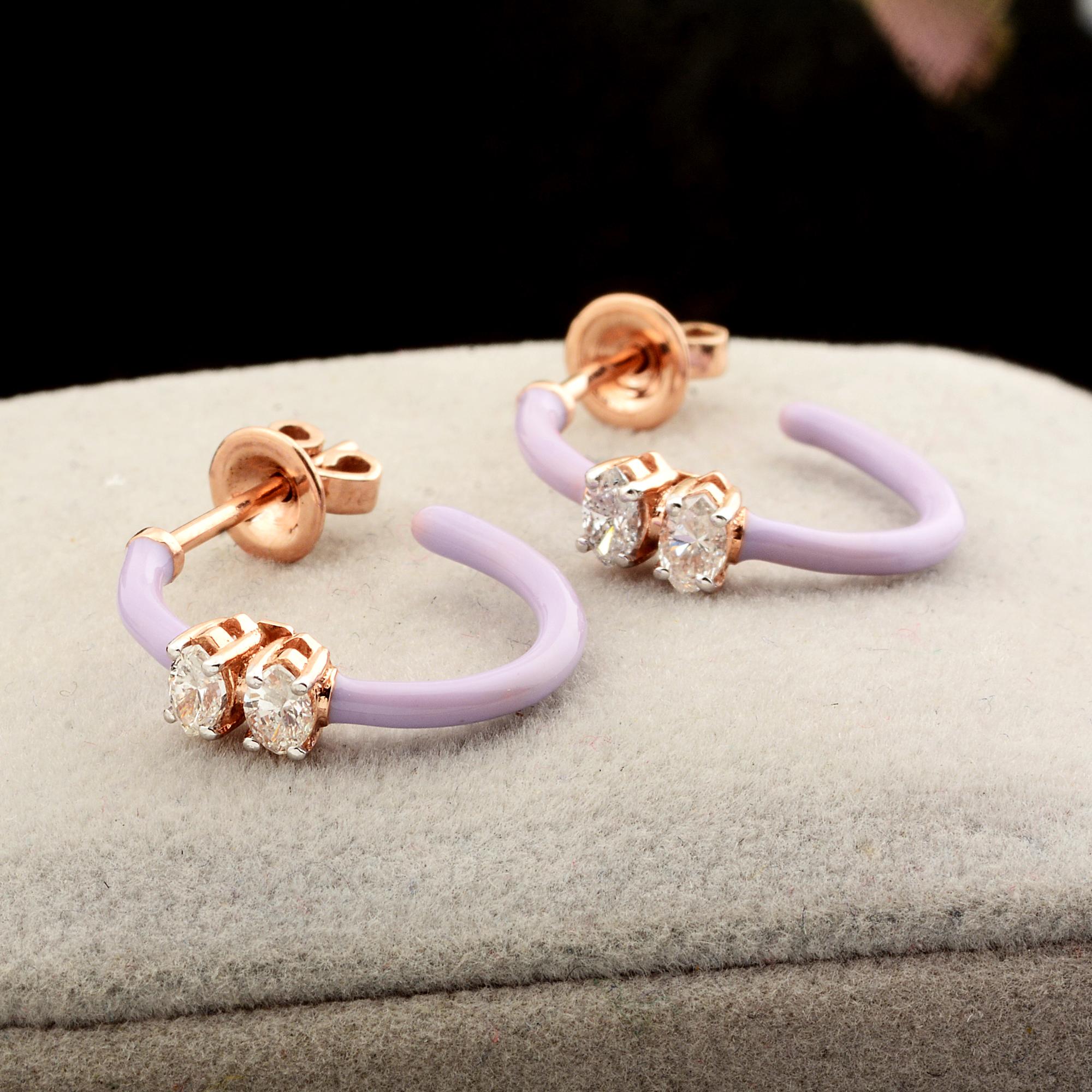 Modern Marquise Diamond Enamel Hoop Earrings 18 Karat Rose Gold Handmade Fine Jewelry For Sale