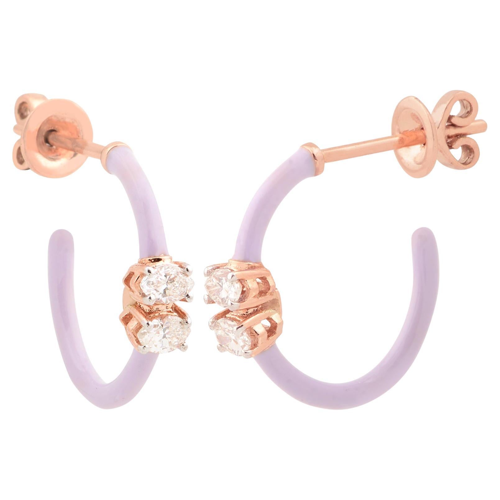 Marquise Diamond Enamel Hoop Earrings 18 Karat Rose Gold Handmade Fine Jewelry For Sale