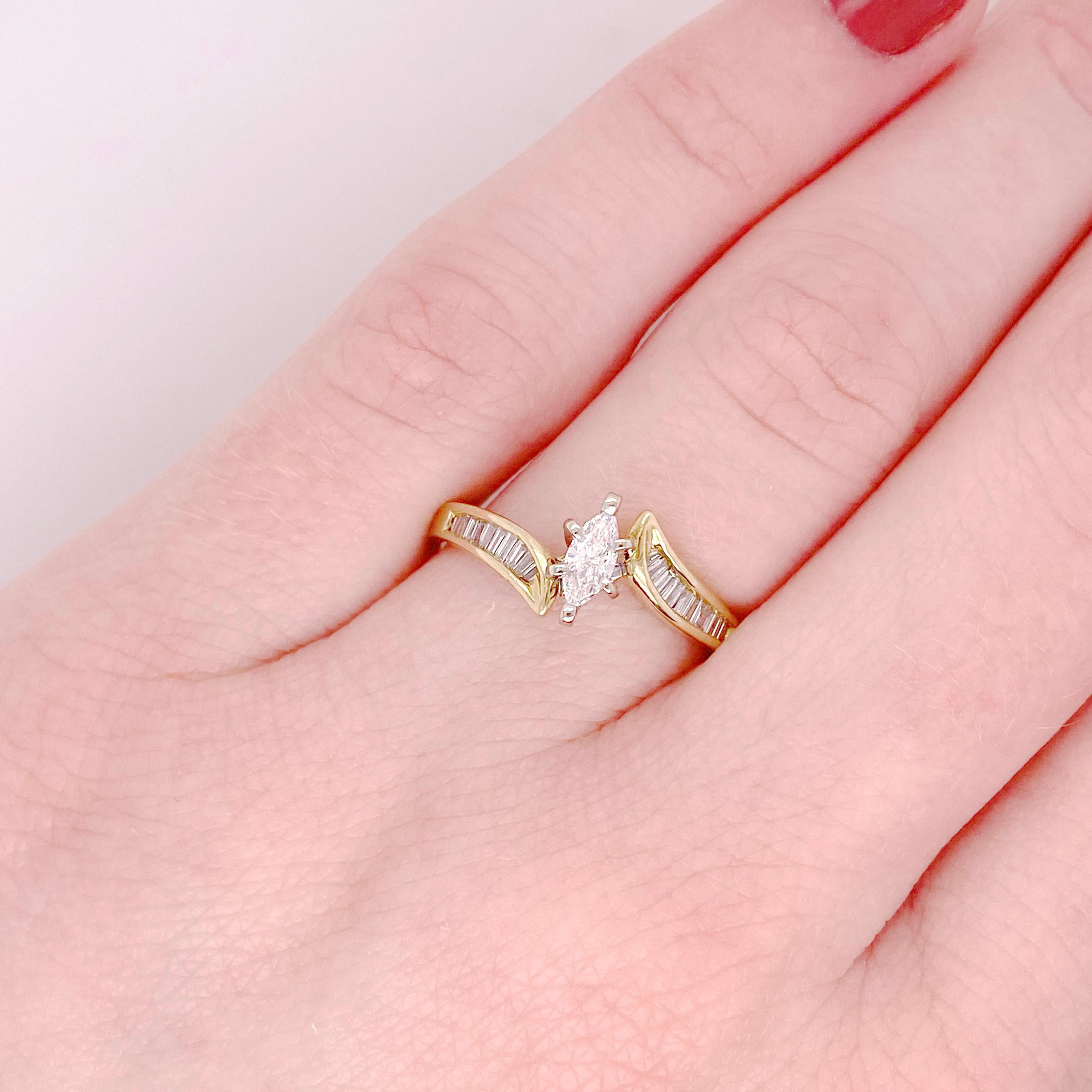 Marquise-Diamant-Verlobungsring, Nachlass-Bypass-Ring mit Baguette-Diamanten an der Seite (Marquiseschliff)