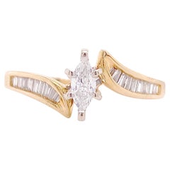 Marquise Diamond Engagement Ring, Estate Bypass Ring with Baguette Side Diamonds