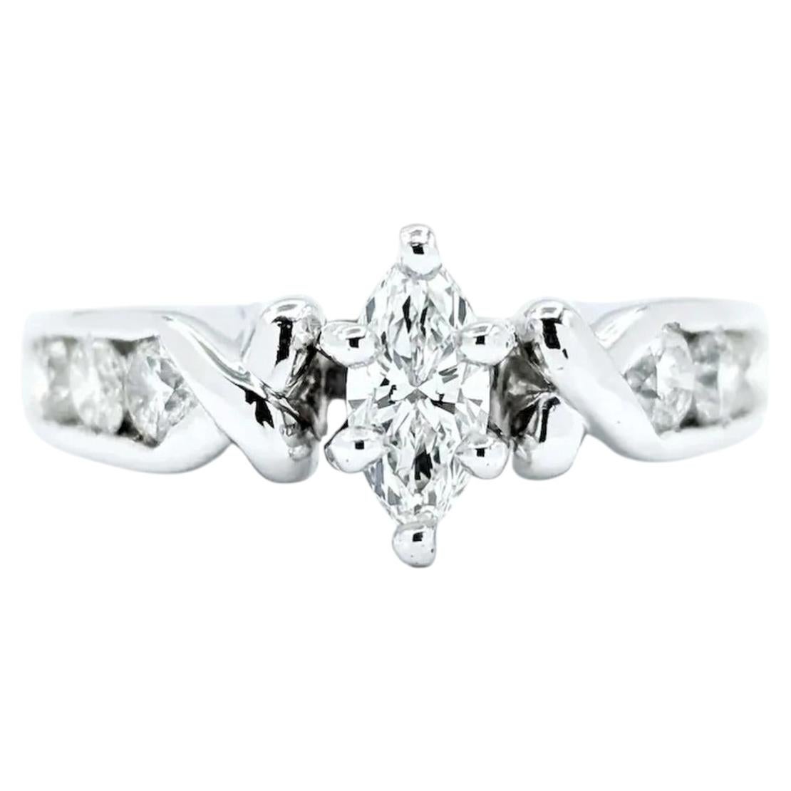 Marquise Diamond Engagement Ring in 14k White Gold For Sale