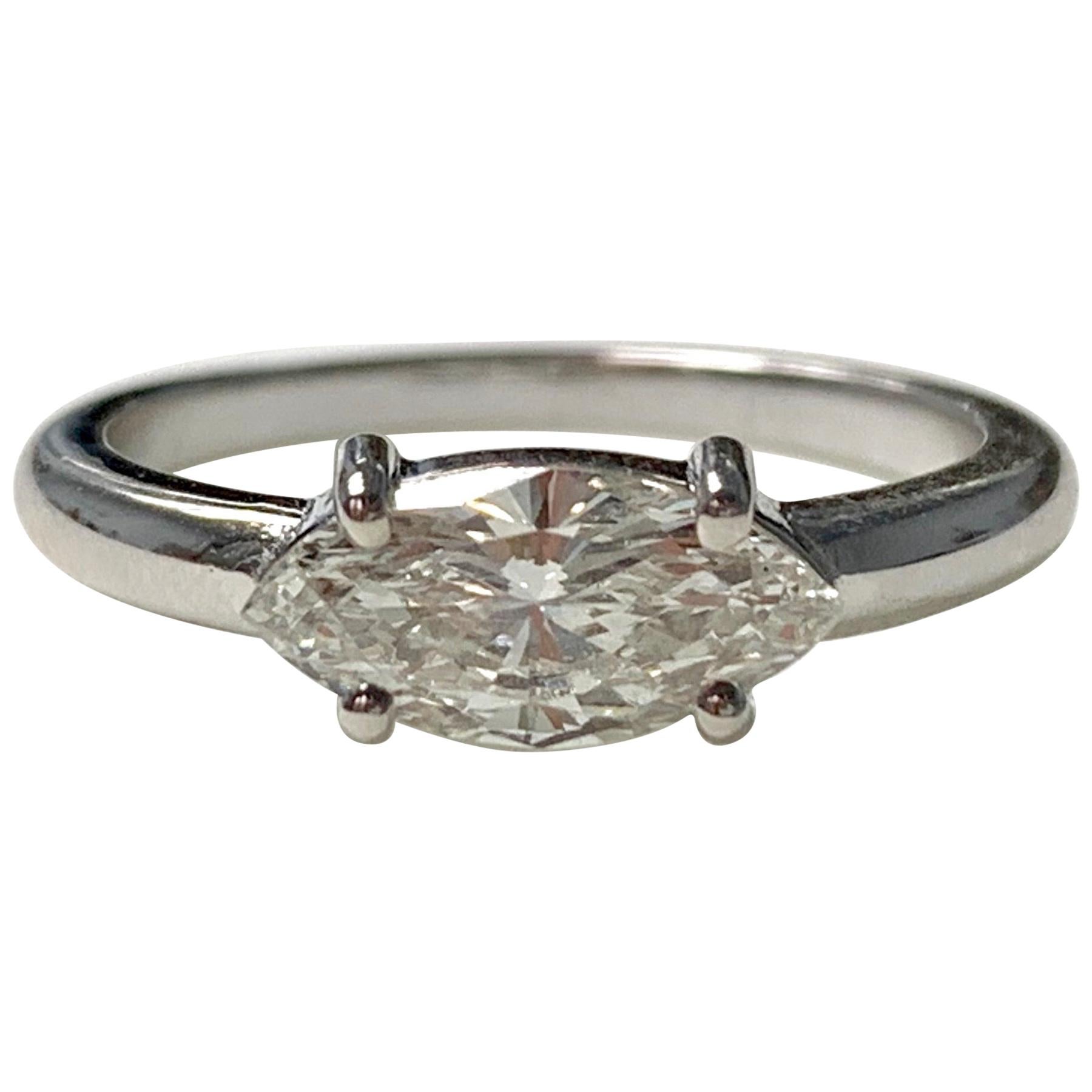 Marquise Diamond Engagement Ring in 18 Karat White Gold For Sale
