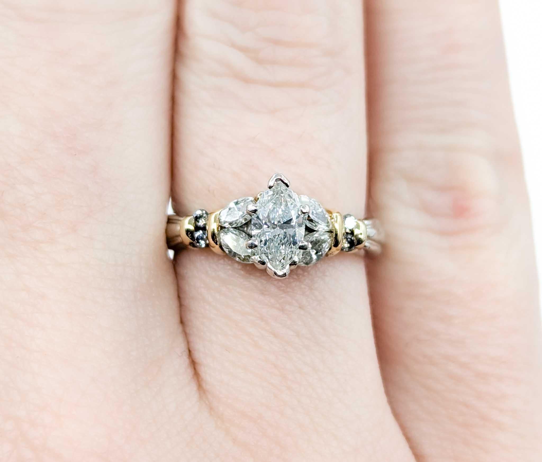 Marquise Diamond Engagement Ring in Platinum and 18k Yellow Gold In Excellent Condition In Bloomington, MN