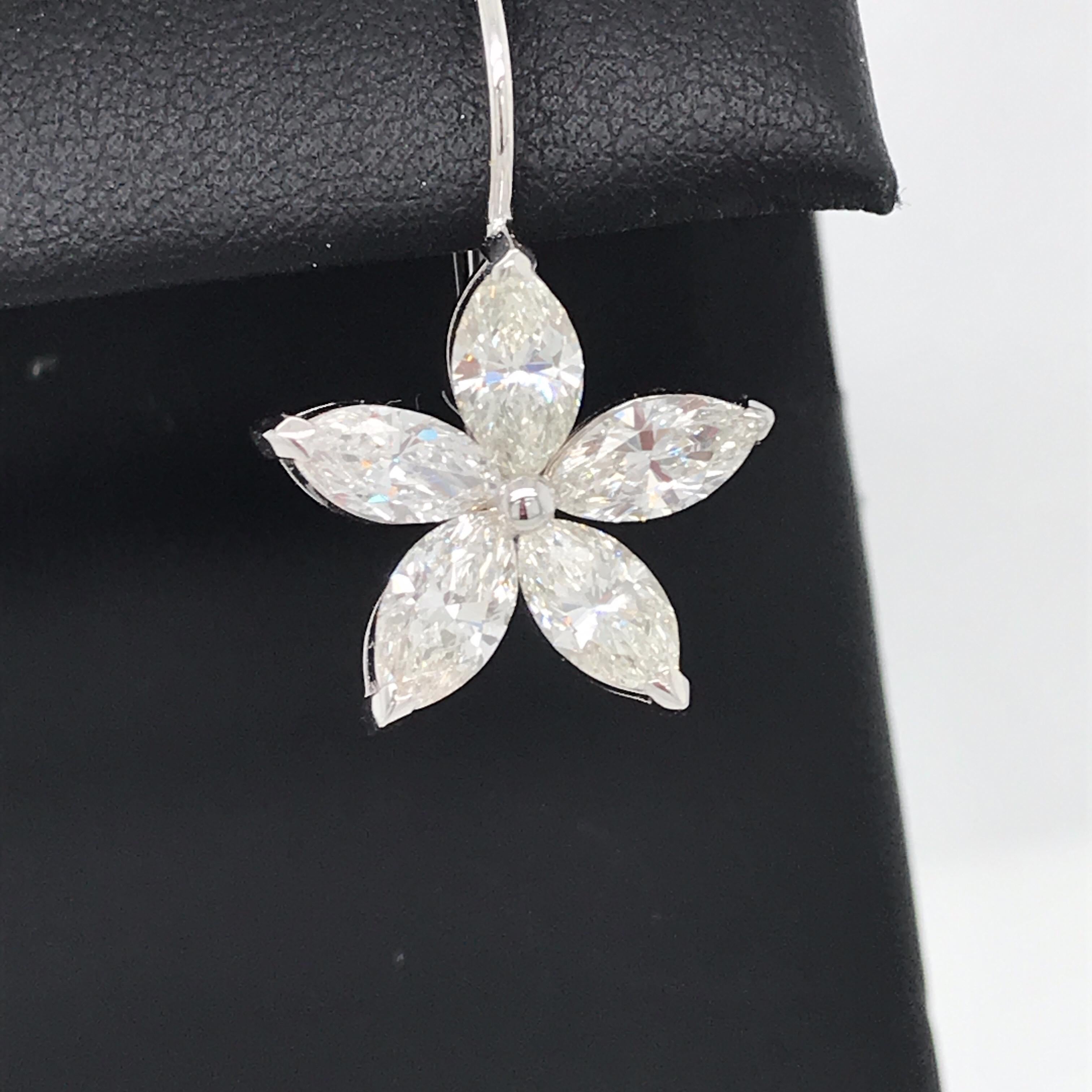 Marquise Diamond Floral Drop Earrings 5 Carat 14 Karat White Gold 4