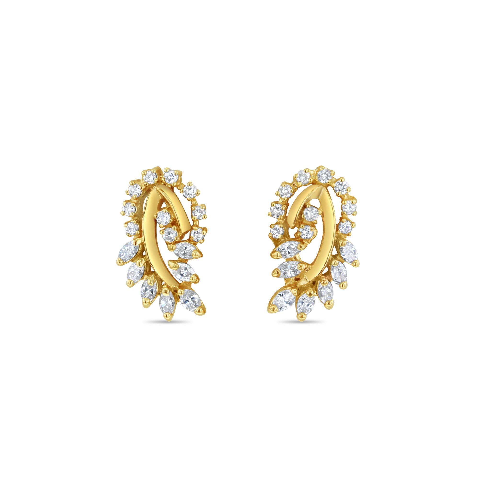 Marquise Diamond Floral Statement Earrings 14k Yellow Gold In New Condition For Sale In Sugar Land, TX