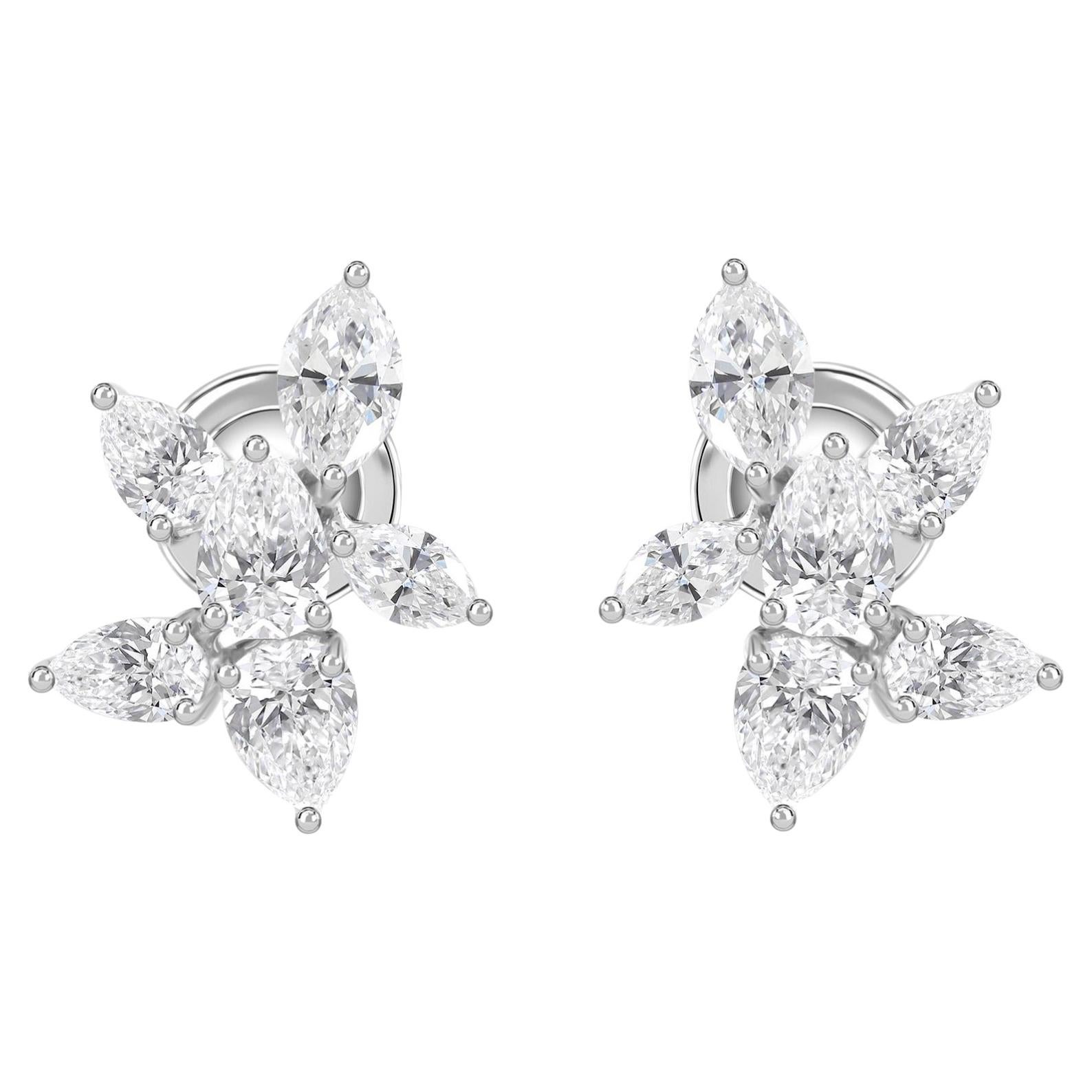 Marquise Diamond Floral Stud Earrings in 14K White Gold 2.71 Carats