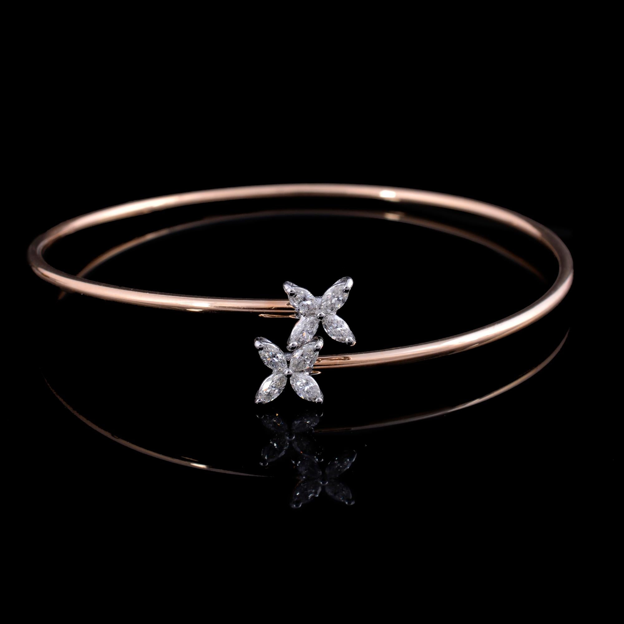 Modern Marquise Diamond Flower Design Bangle Bracelet 18 Karat Rose Gold Fine Jewelry For Sale