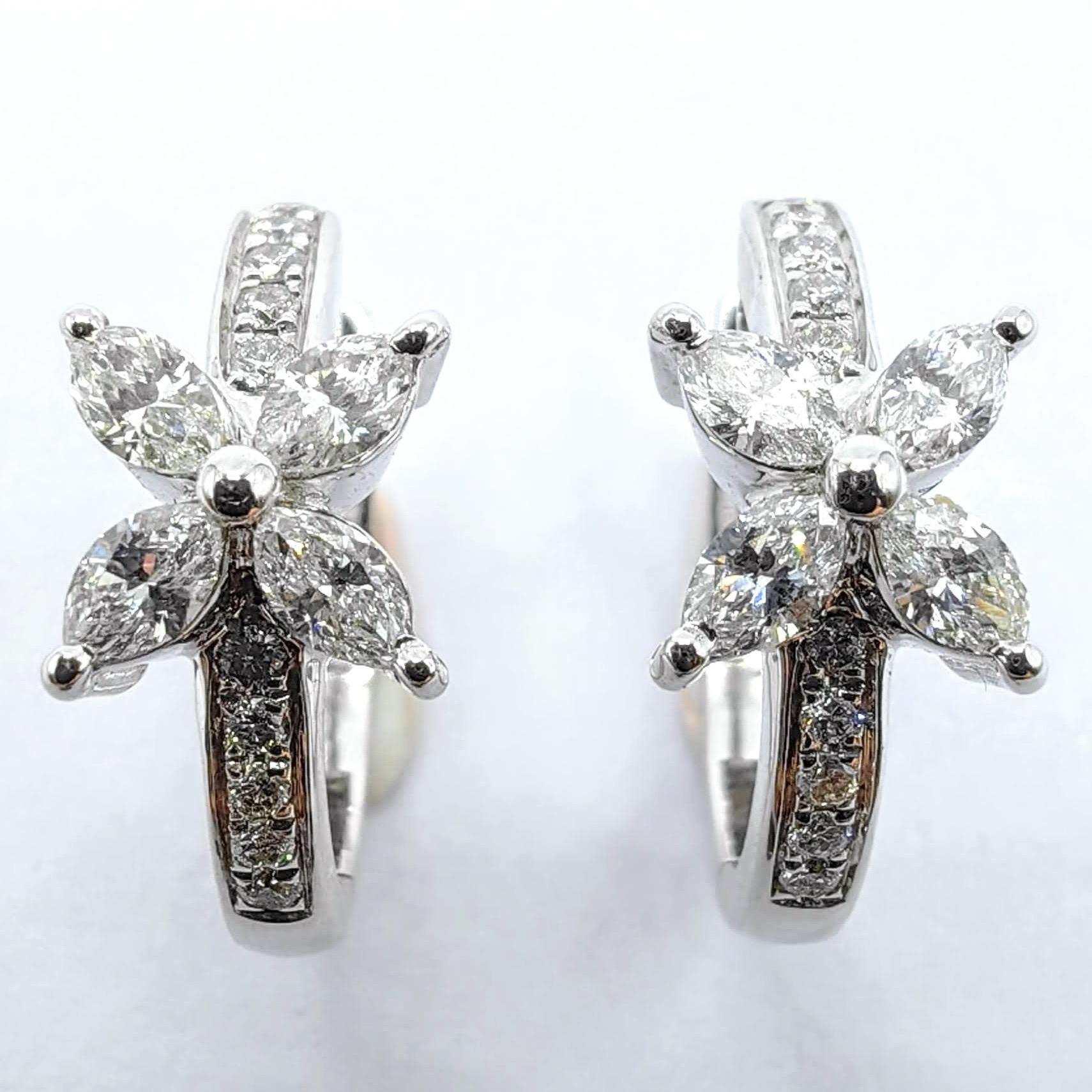De las mujeres Pendientes de aro de oro blanco de 18 quilates con flor de diamante marquesa y pavé de diamantes talla redonda en venta