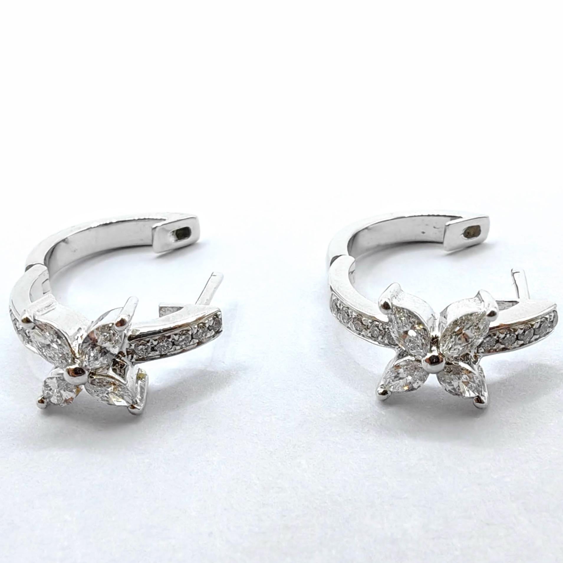 Pendientes de aro de oro blanco de 18 quilates con flor de diamante marquesa y pavé de diamantes talla redonda en venta 2