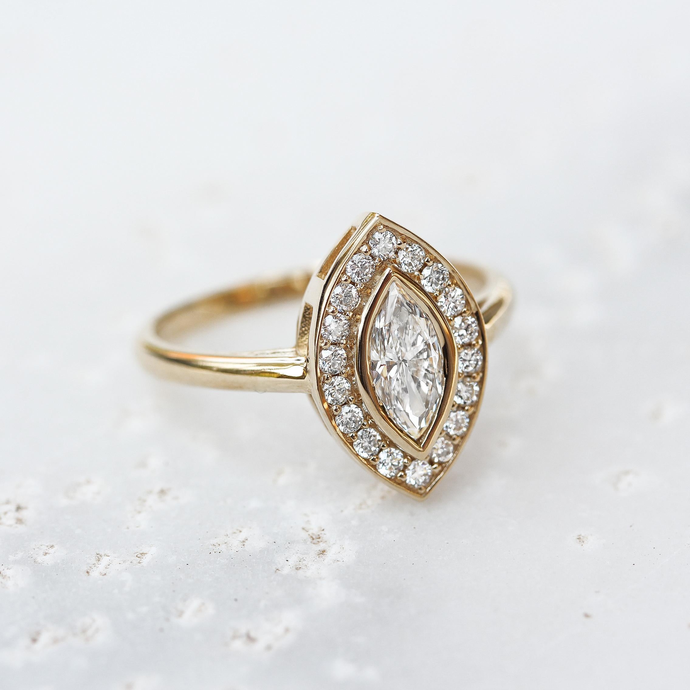 Marquise Cut Marquise Diamond Halo Bezel Set Unique and Elegant Engagement Ring - 