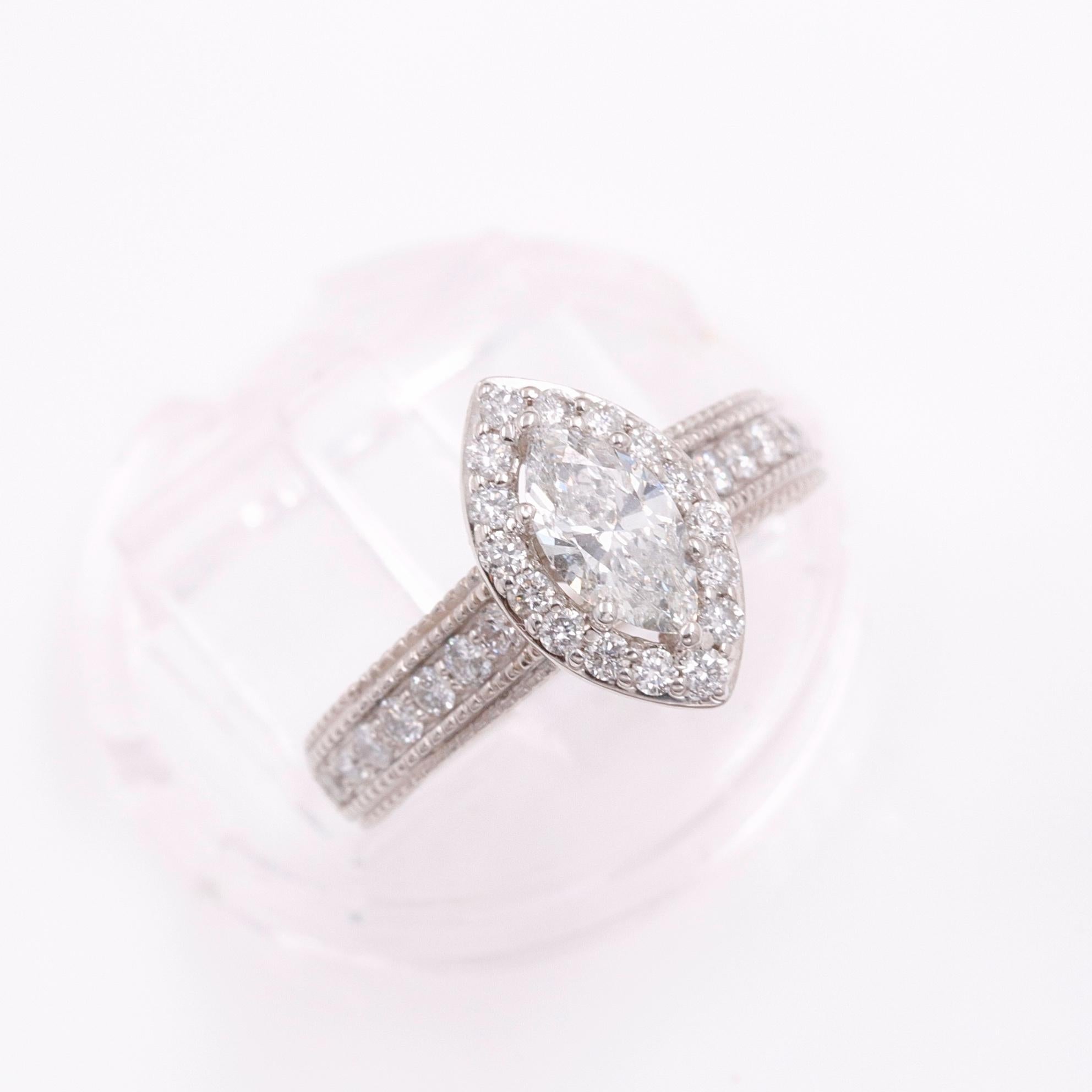 Marquise Diamond Halo Ring Milgrain Diamond Band 1.00 Carat 14 Karat White Gold For Sale 2