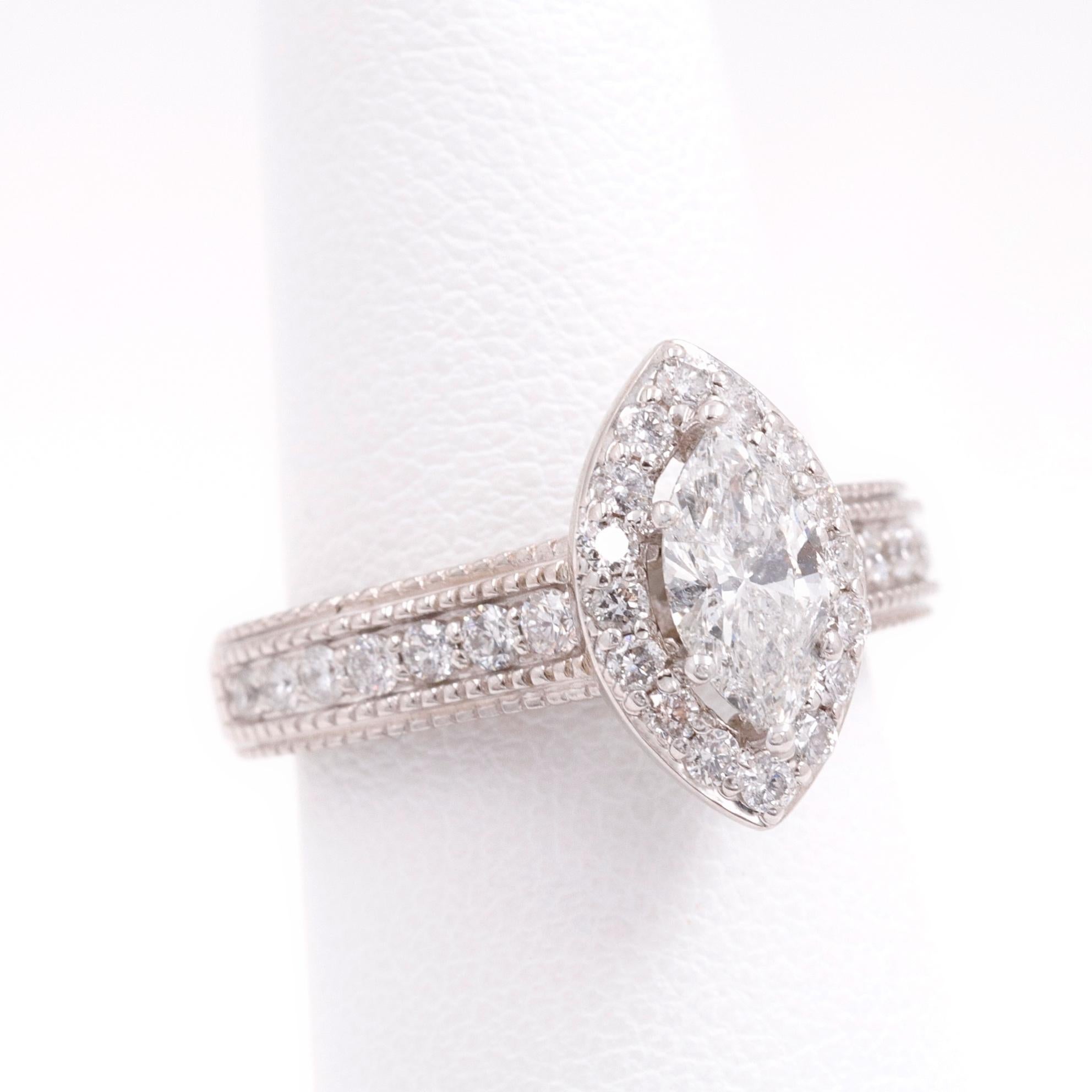 Women's or Men's Marquise Diamond Halo Ring Milgrain Diamond Band 1.00 Carat 14 Karat White Gold For Sale