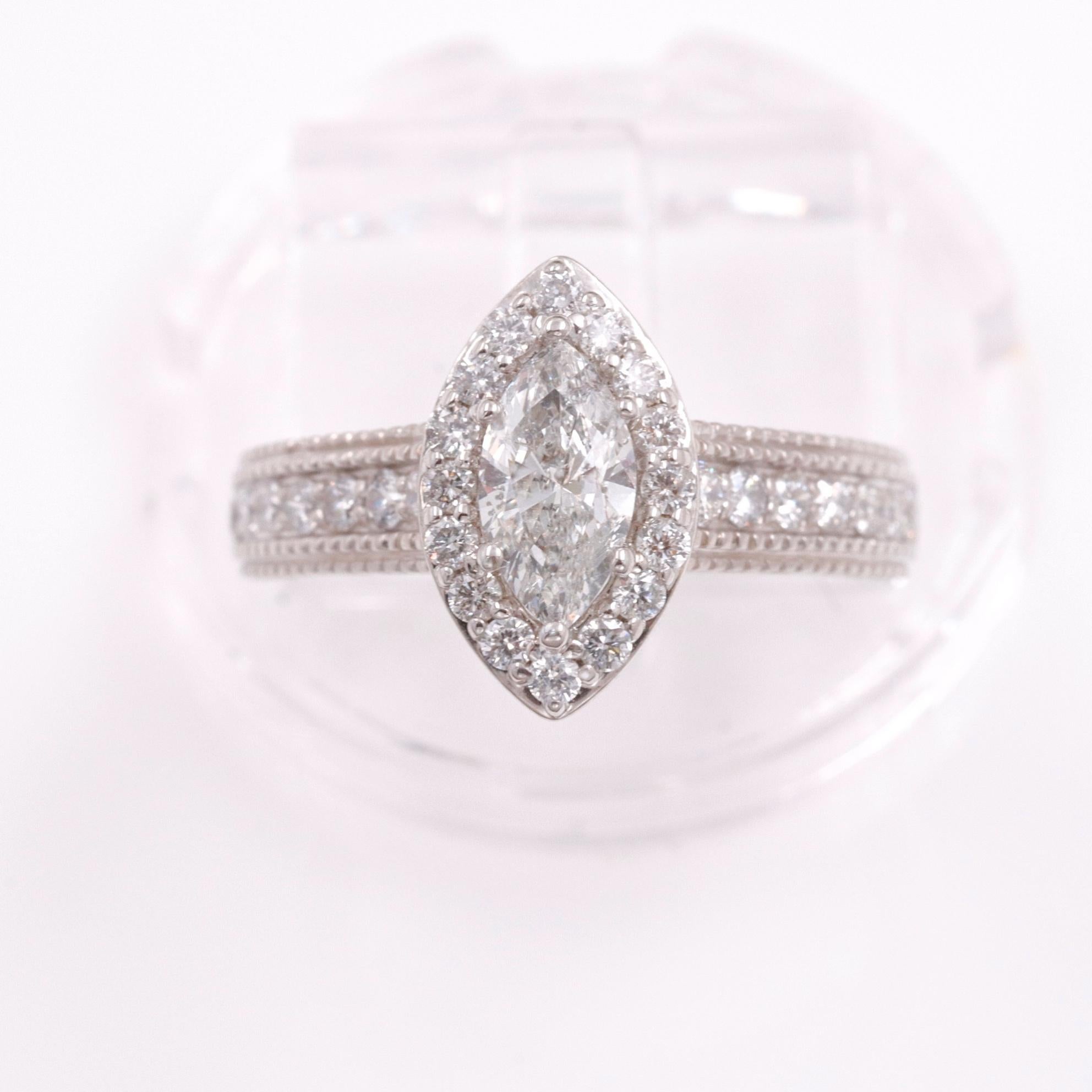 Marquise Diamond Halo Ring Milgrain Diamond Band 1.00 Carat 14 Karat White Gold For Sale 1