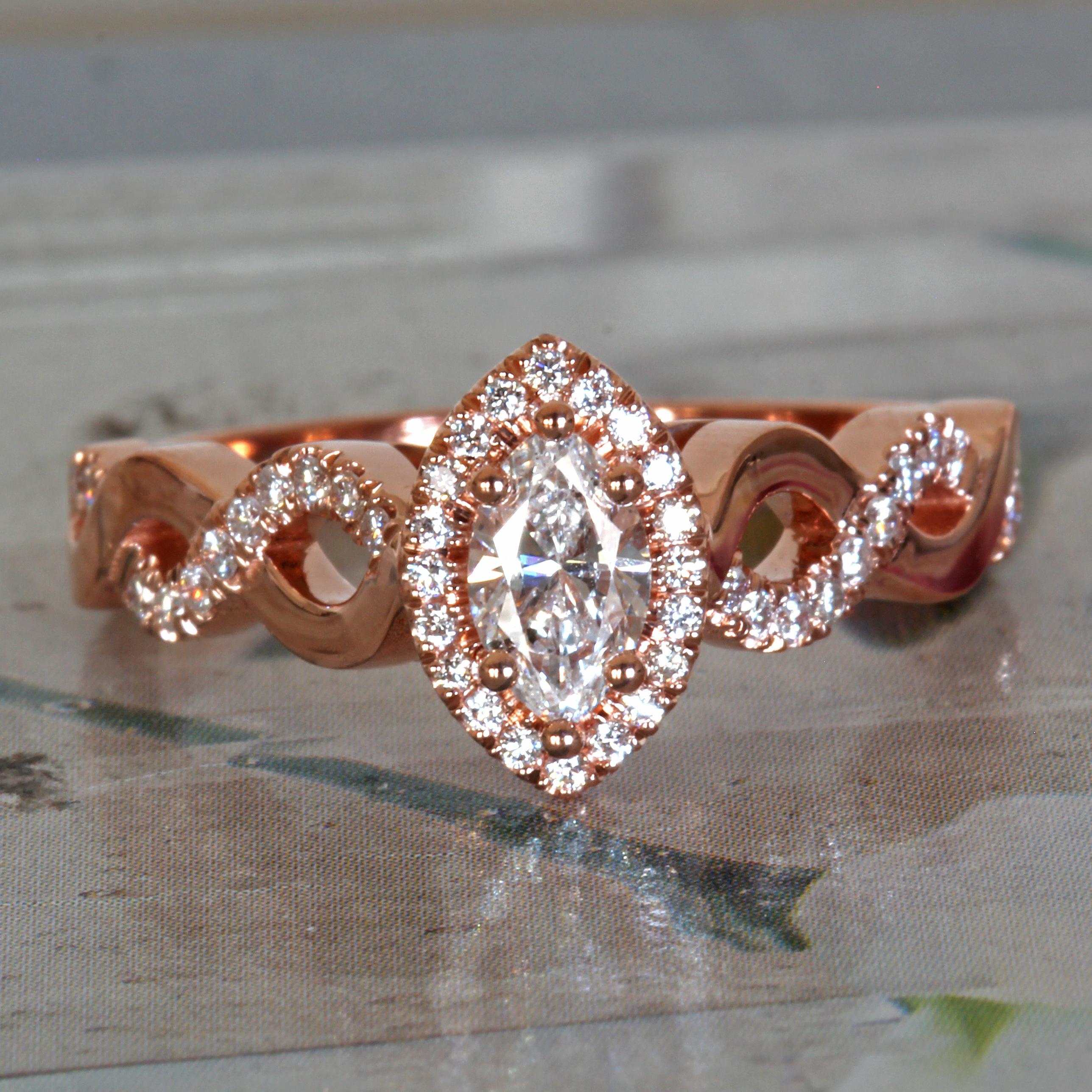 Modern Marquise Diamond Halo Engagement Ring Set in Rose Gold and Diamonds Twist Shank For Sale