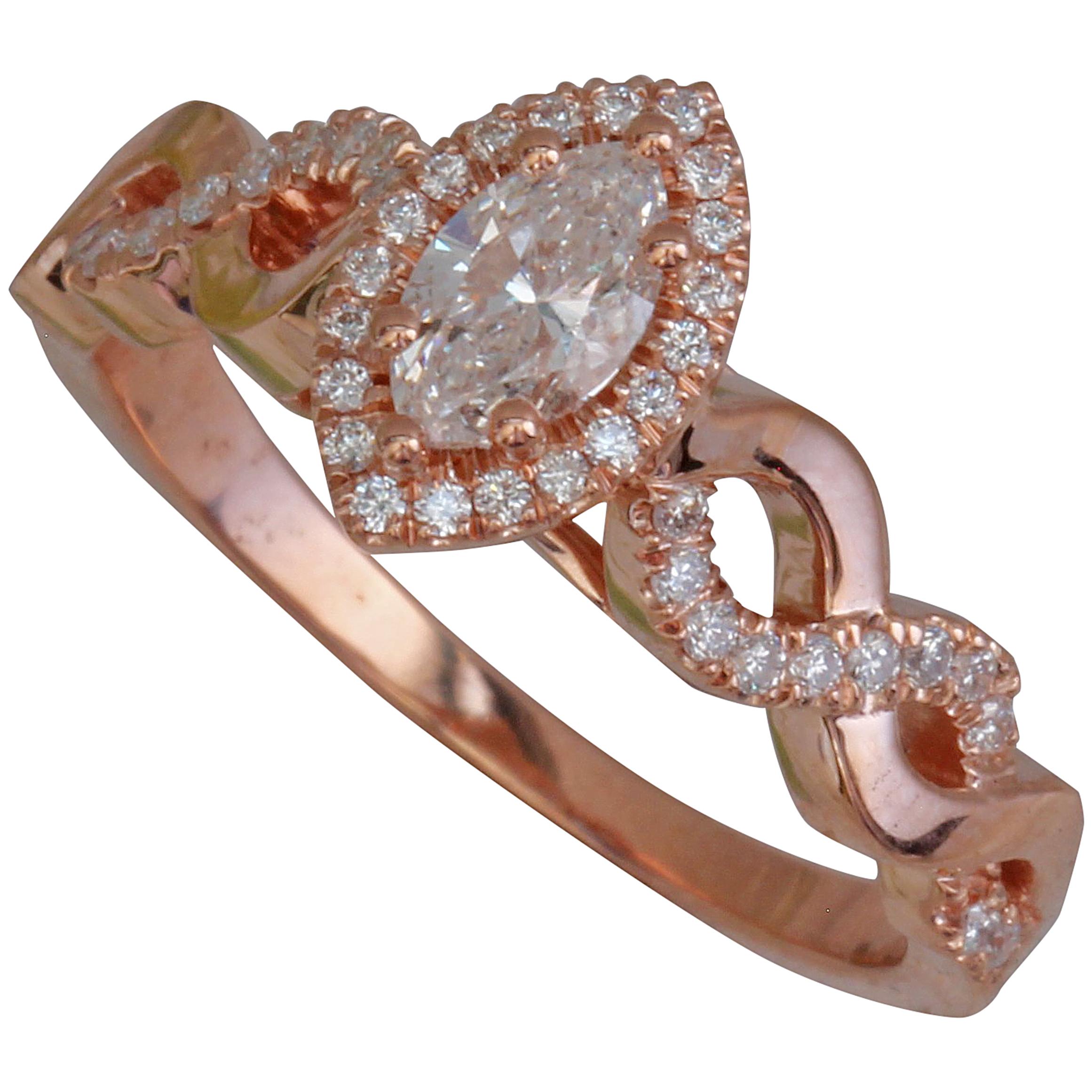 Marquise Diamond Halo Engagement Ring Set in Rose Gold and Diamonds Twist Shank For Sale