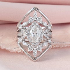 Marquise Diamond Halo Floral Unique Engagement Five Ring Set "Minimal Lily"