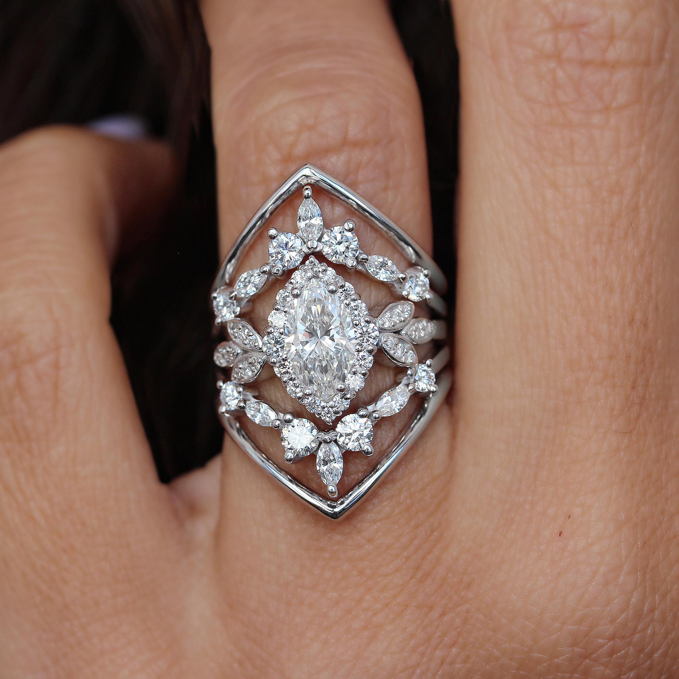 Art Deco Marquise Diamond Halo Floral Unique Engagement Five Ring Set 