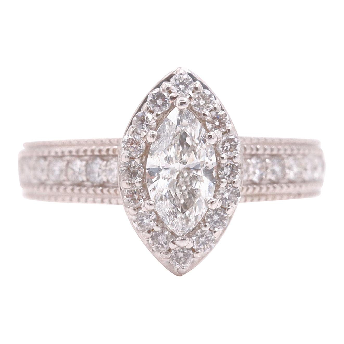 Marquise Diamant Halo Ring Milgrain Diamantband 1,00 Karat 14 Karat Weißgold