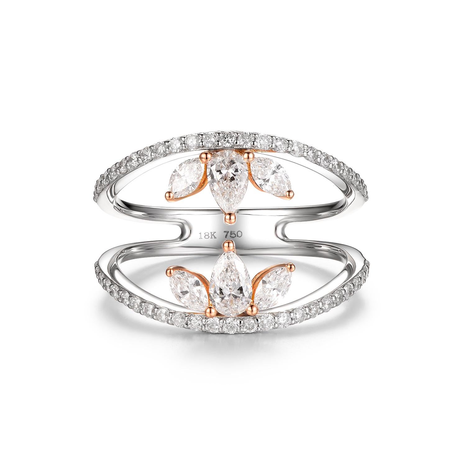 This ring features 2 pear cut diamonds weight 0.32 carat and 4 marquise diamonds weight 0.28 carat. Fancy cut diamonds are set in 18 karat rose gold. Assented with 0.44 carat of white round cut diamonds. 

US 6.5
Resizing is available 
Pear Diamonds