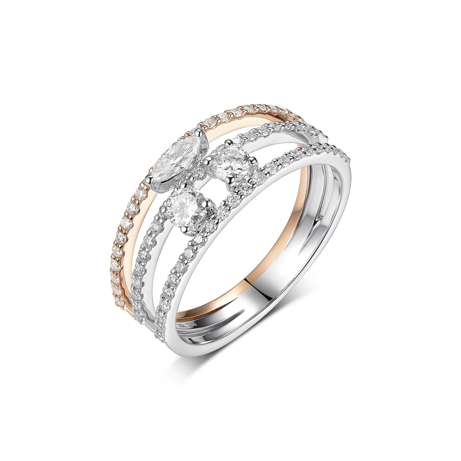 This ring features 2 fancy color diamonds weight 0.22 carat and 1 marquise diamonds weight 0.10 carat. Fancy cut diamonds are set in 18 karat rose gold. Assented with 0.36 carat of white round cut diamonds. 

US 7    Ring band width:7.7mm
Resizing