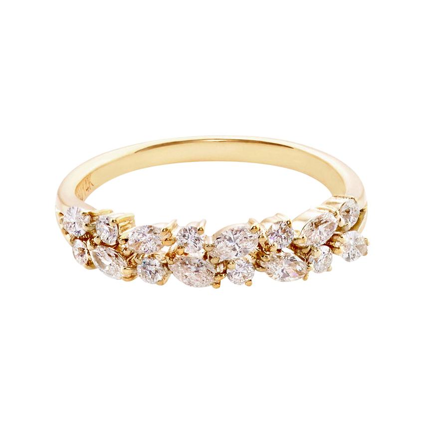 Bague de mariage en or jaune 18 carats avec diamants taille brillant rond et marquise