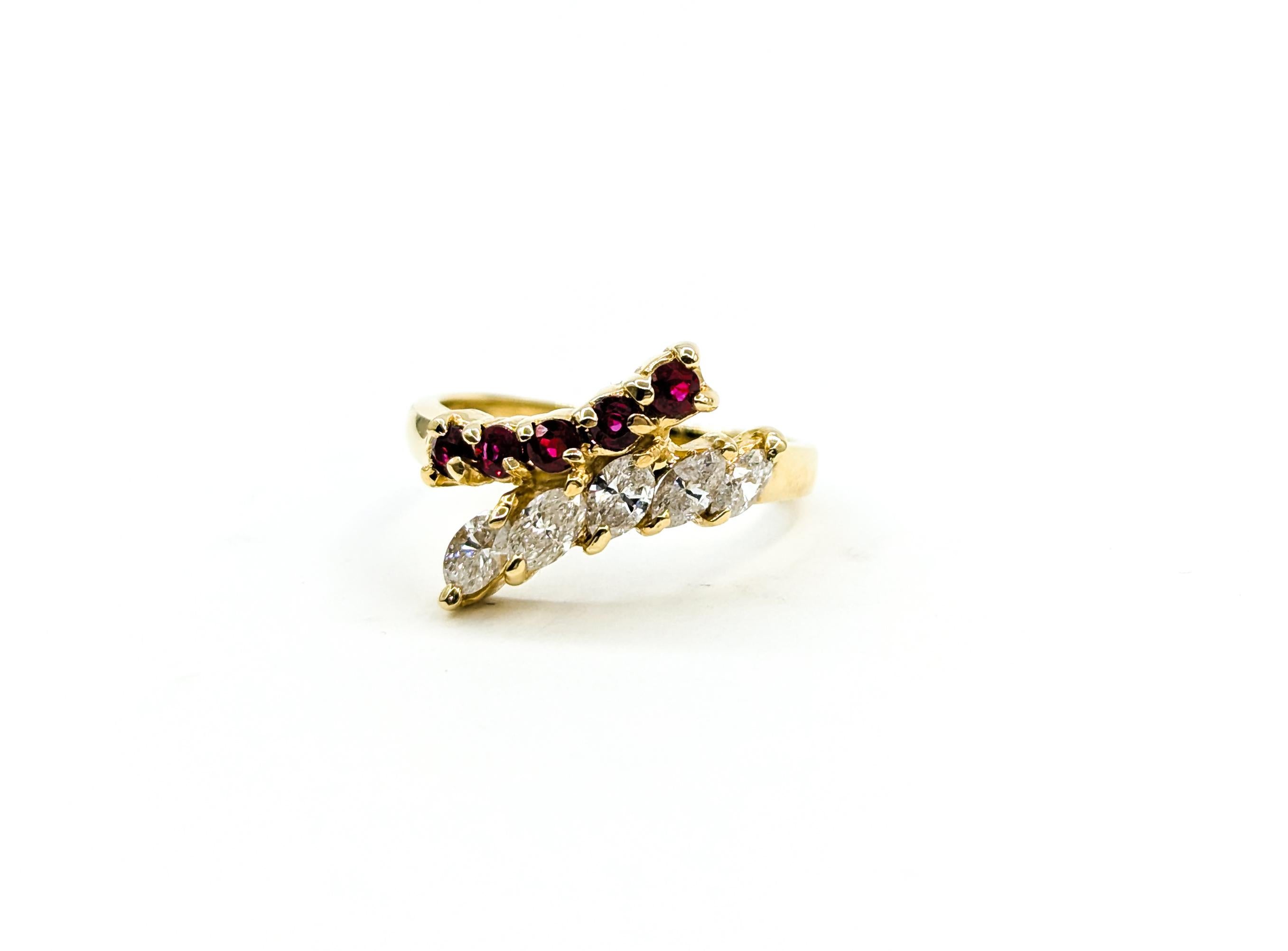 Marquise Diamond & Ruby Fashion Ring in Yellow Gold For Sale 6