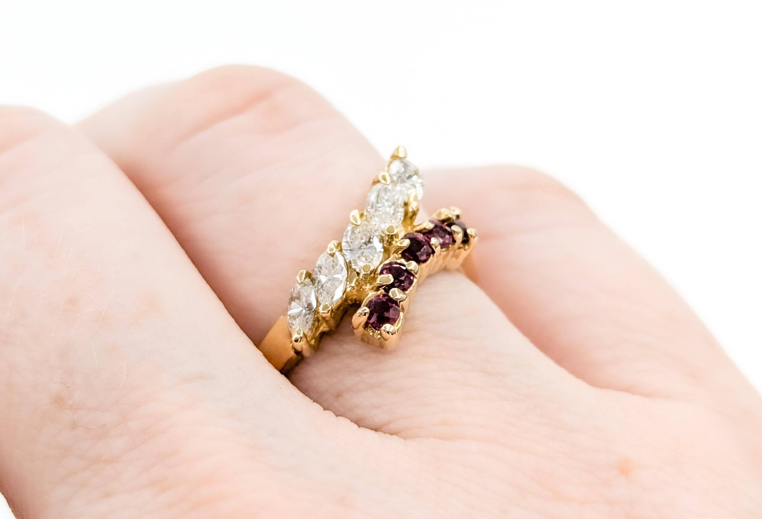Marquise Diamond & Ruby Fashion Ring in Yellow Gold In Excellent Condition For Sale In Bloomington, MN