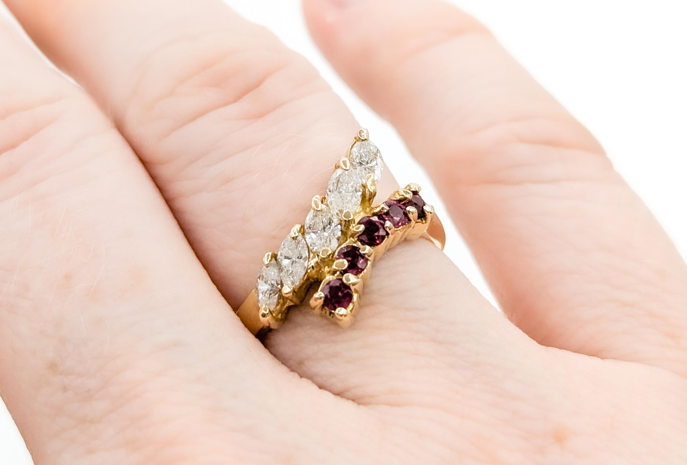 Women's or Men's Marquise Diamond & Ruby Fashion Ring in Yellow Gold For Sale