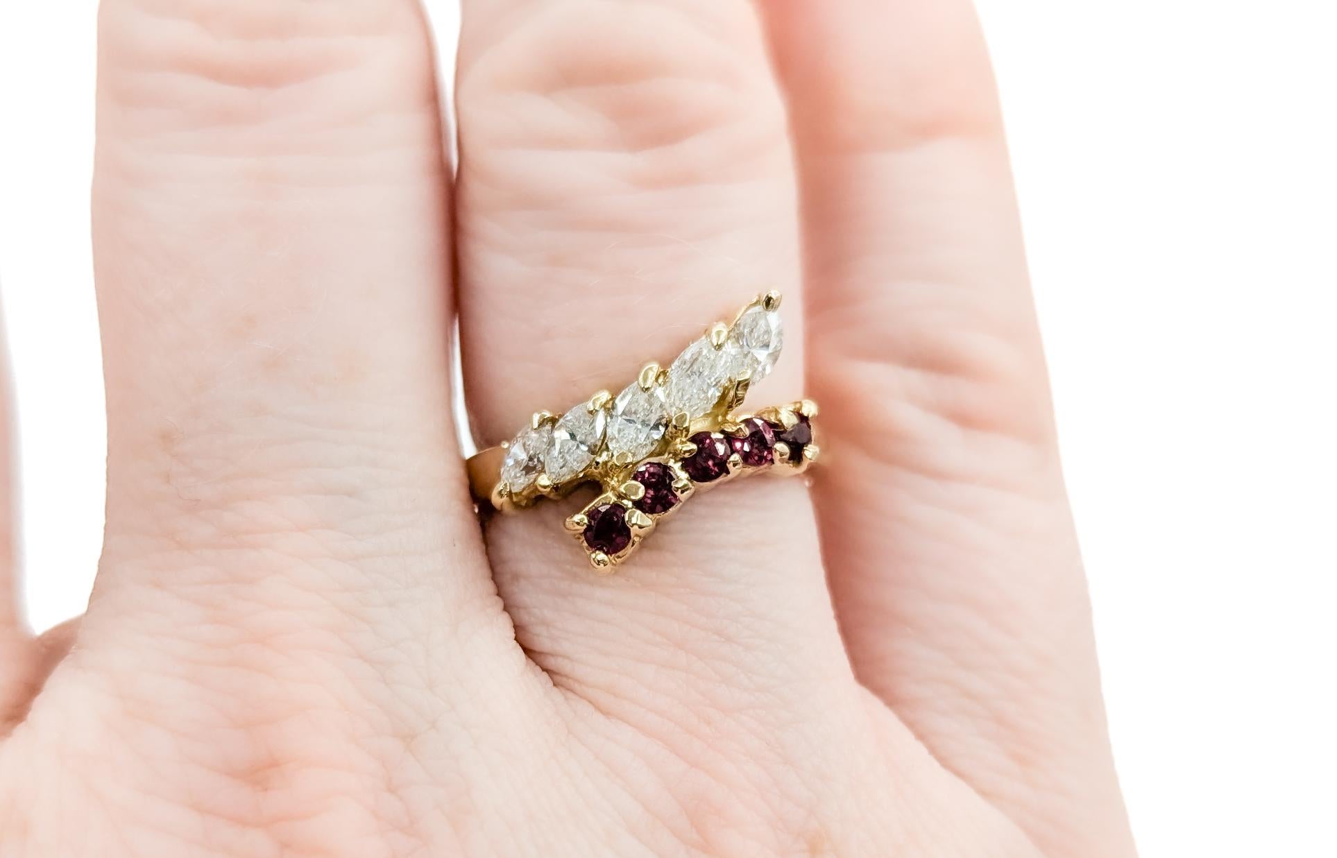 Marquise Diamond & Ruby Fashion Ring in Yellow Gold For Sale 1