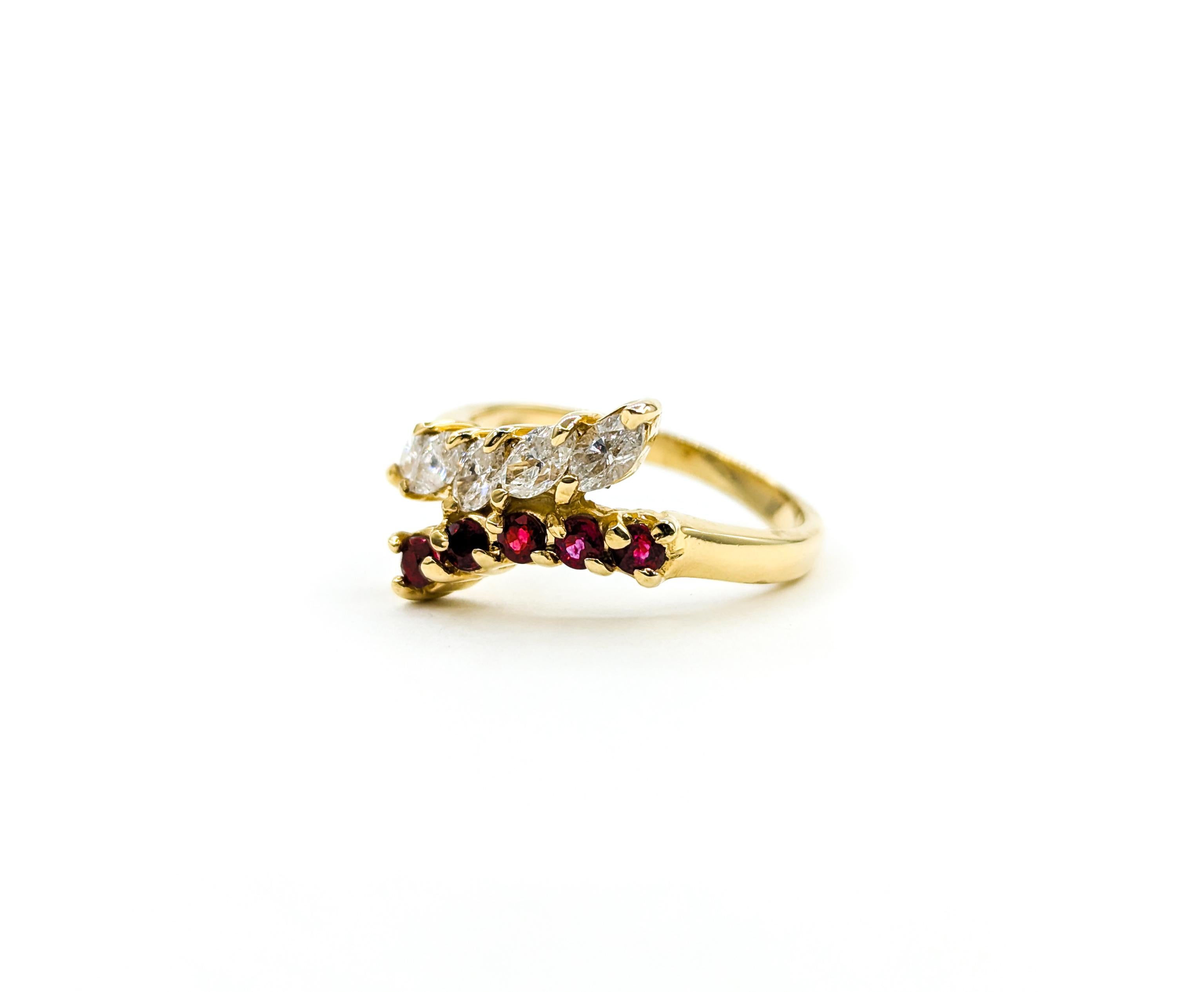 Marquise Diamond & Ruby Fashion Ring in Yellow Gold For Sale 2
