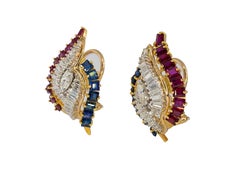 Marquise Diamond, Sapphire, and Ruby Swirl Clip-On Earrings