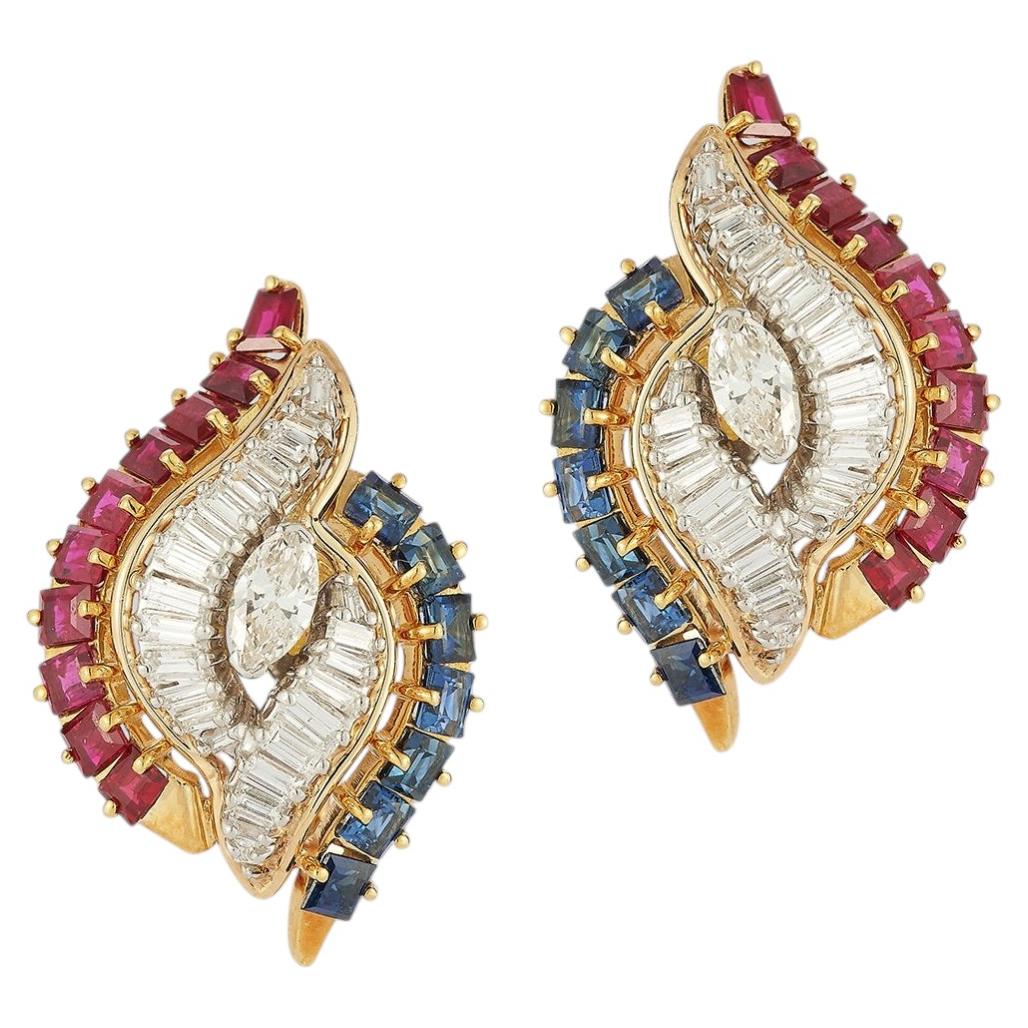 Marquise Diamond, Sapphire, and Ruby Swirl Clip-On Earrings For Sale