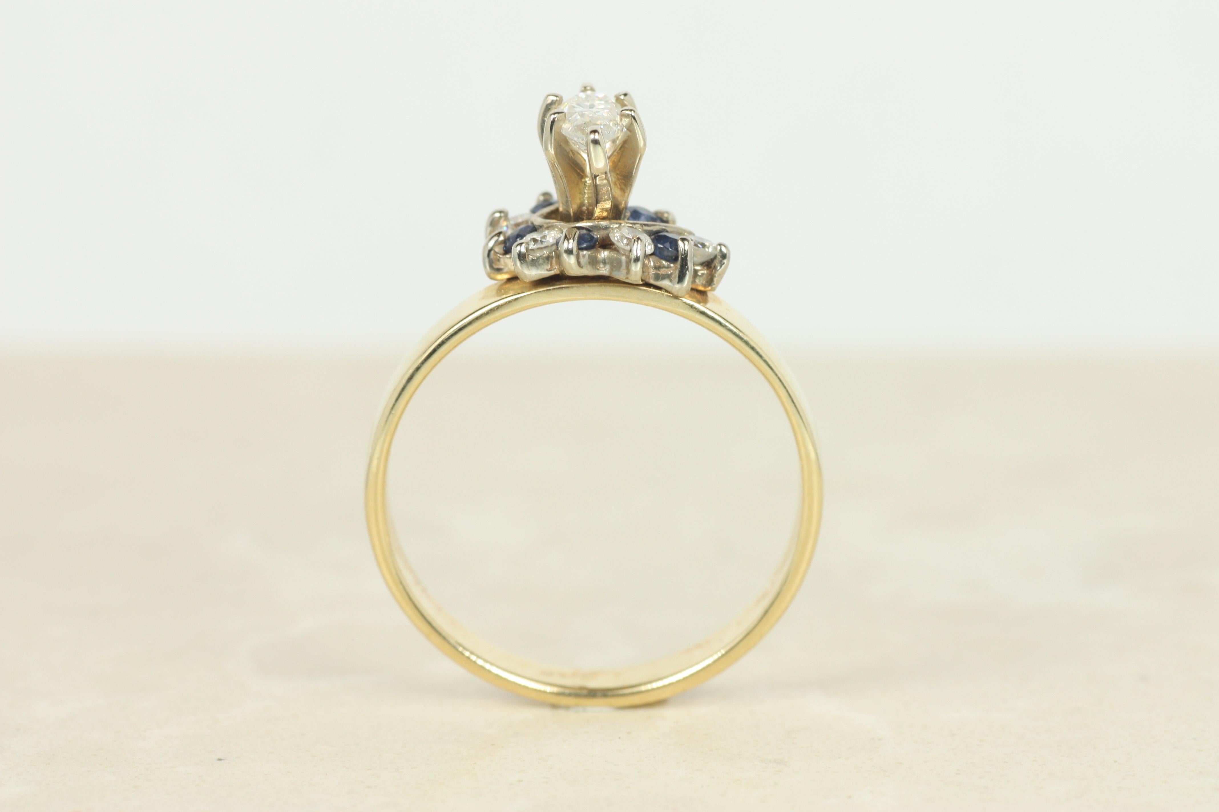 Bague de fiançailles et alliance en or jaune 14K avec diamant et saphir en forme de marquise en vente 2
