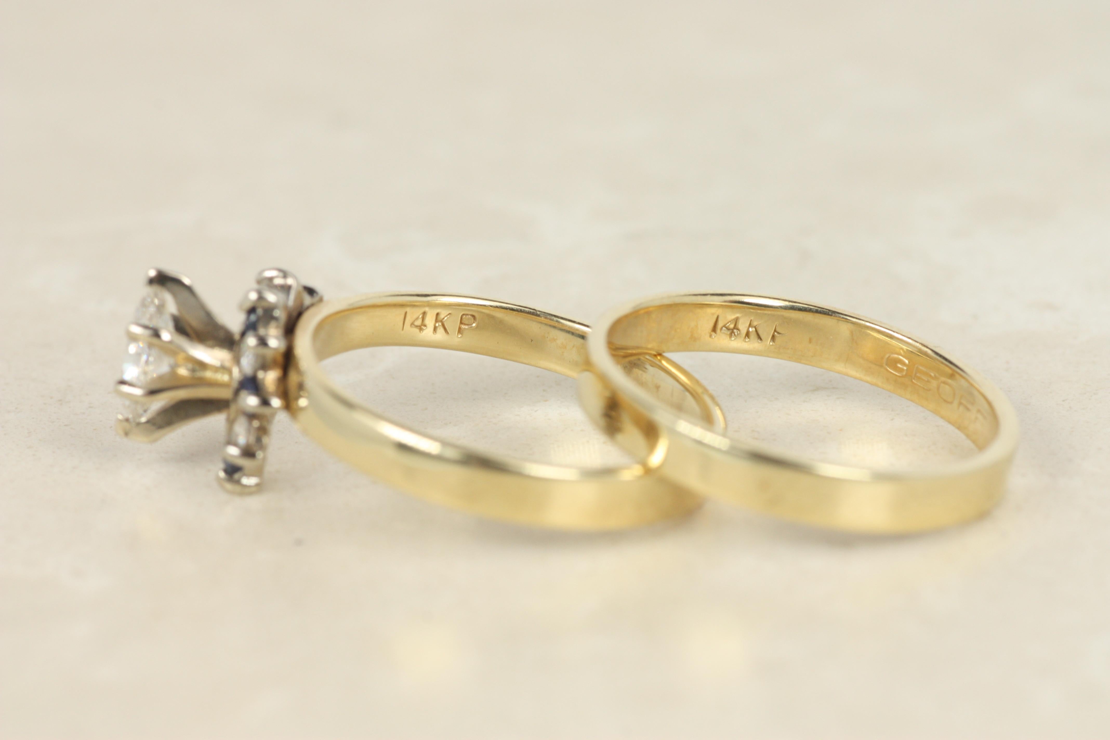 Bague de fiançailles et alliance en or jaune 14K avec diamant et saphir en forme de marquise en vente 3