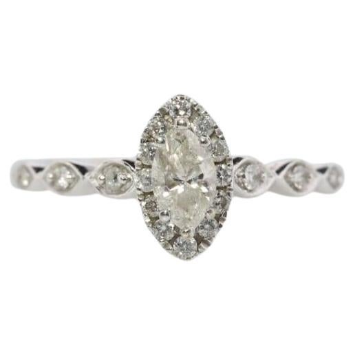 Anello aureola con solitario di diamanti Marquise . Oro bianco 14k HALO Diamante APPREZZATO