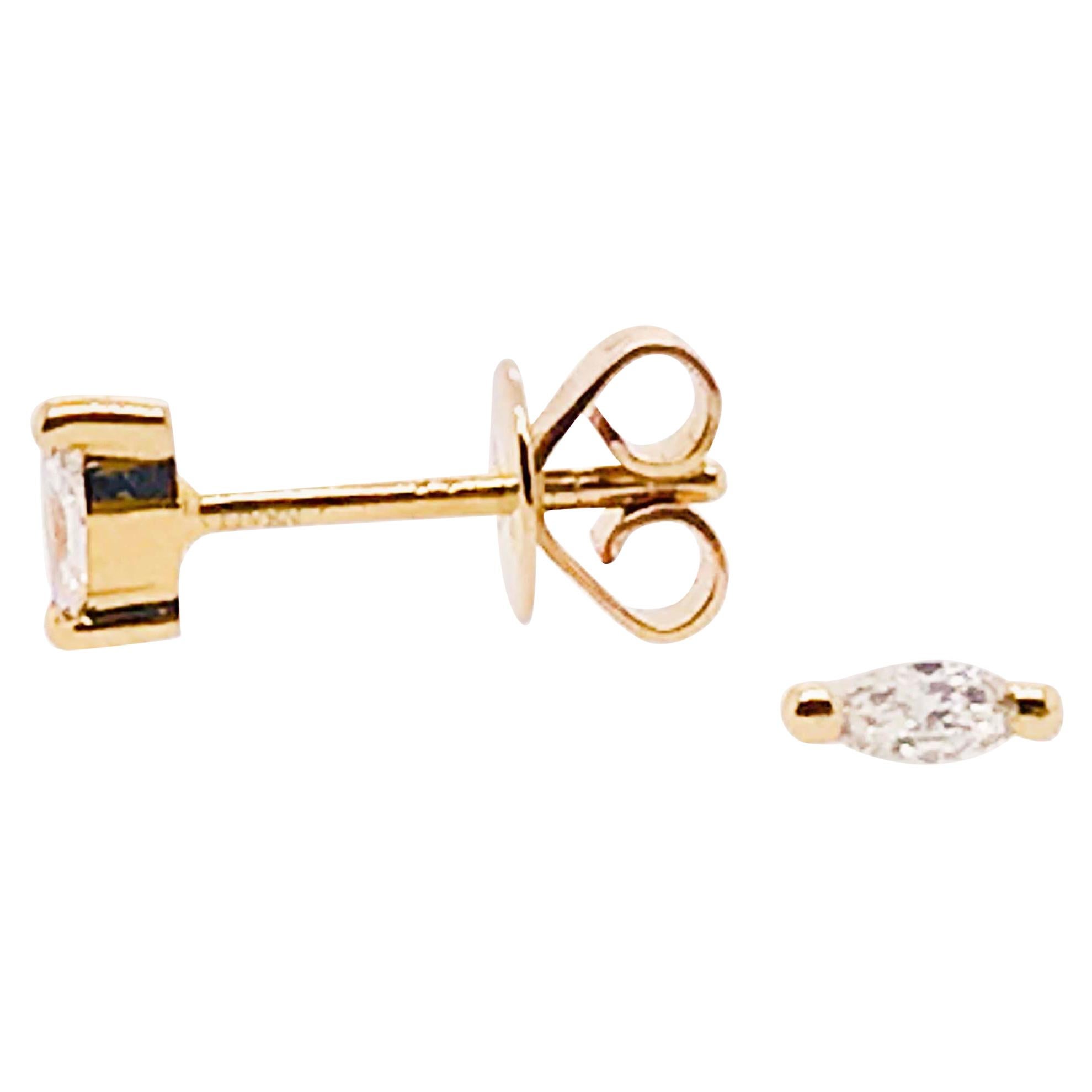 Marquise Diamond Solitaire Stud Earrings, 14 Karat Gold Diamond Earring Studs For Sale