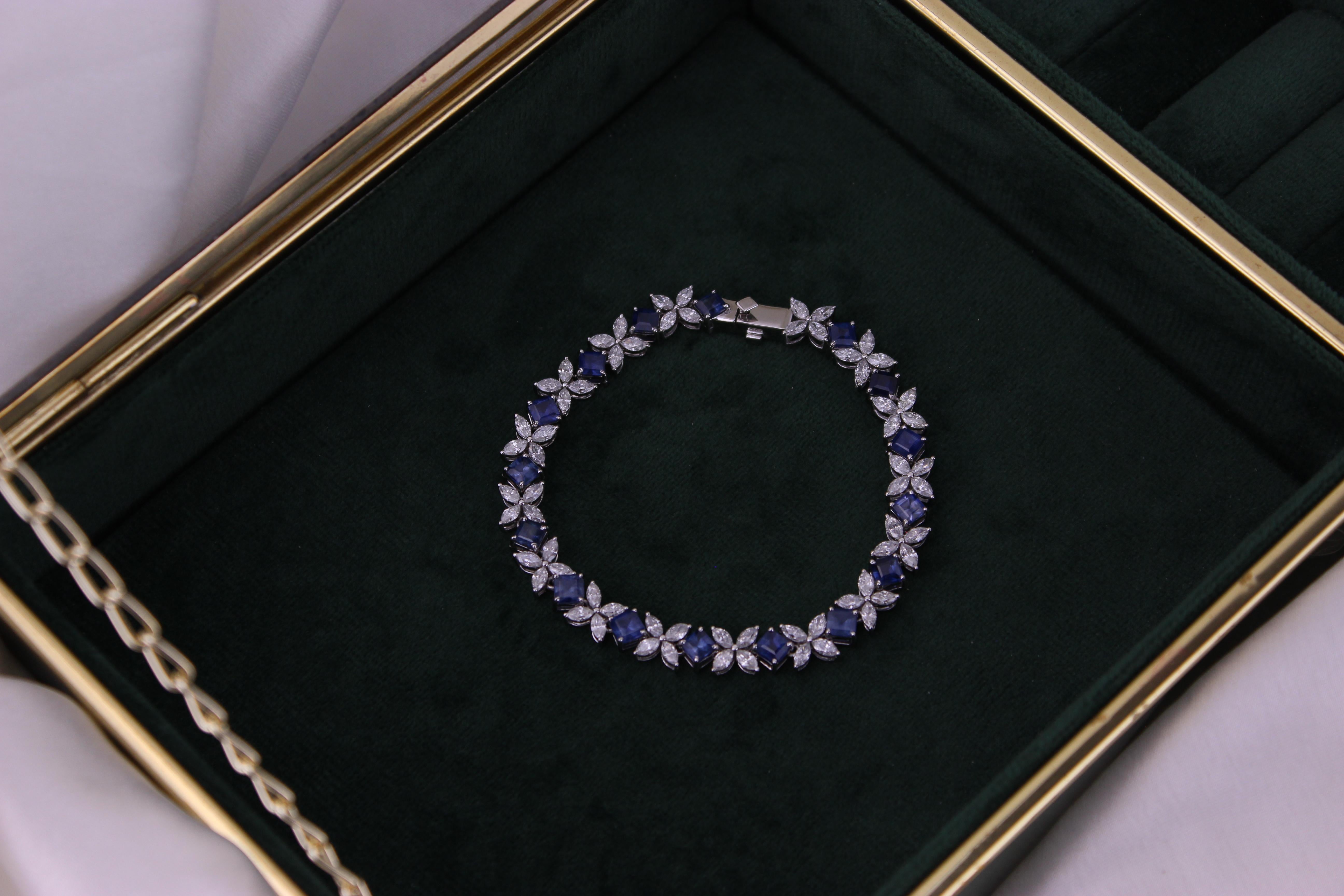 Art Deco Marquise Diamond Tennis Bracelet with Princess Cut Blue Sapphires in 18k Gold For Sale