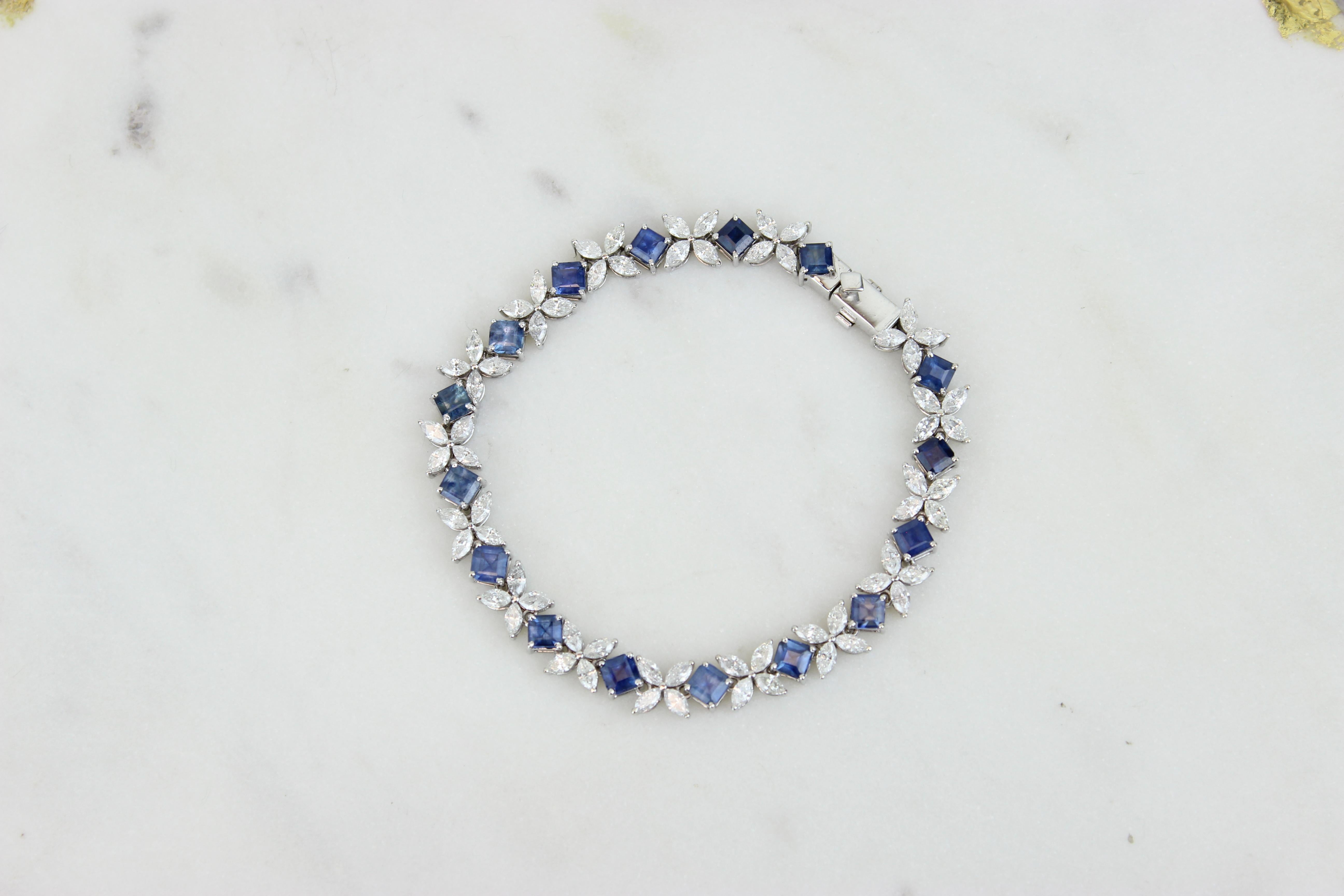 Marquise Cut Marquise Diamond Tennis Bracelet with Princess Cut Blue Sapphires in 18k Gold For Sale