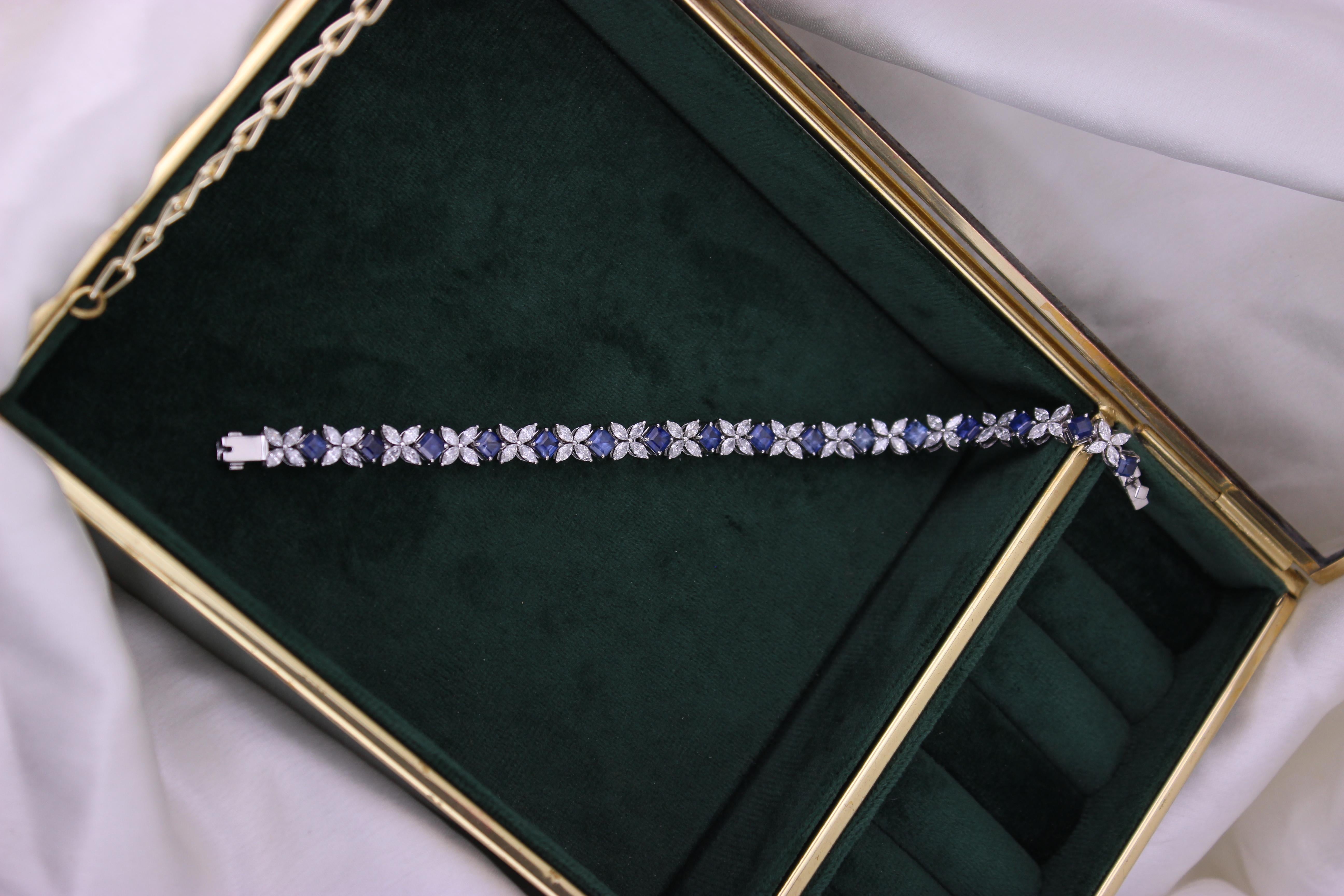 Marquise Diamond Tennis Bracelet with Princess Cut Blue Sapphires in 18k Gold In New Condition For Sale In New Delhi, DL