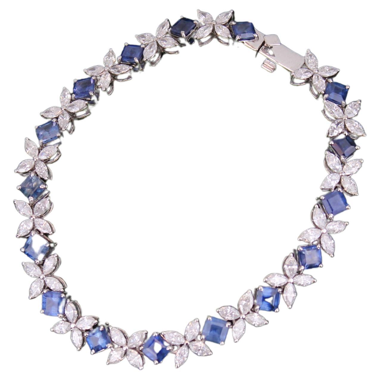 Marquise Diamond Tennis Bracelet with Princess Cut Blue Sapphires in 18k Gold For Sale