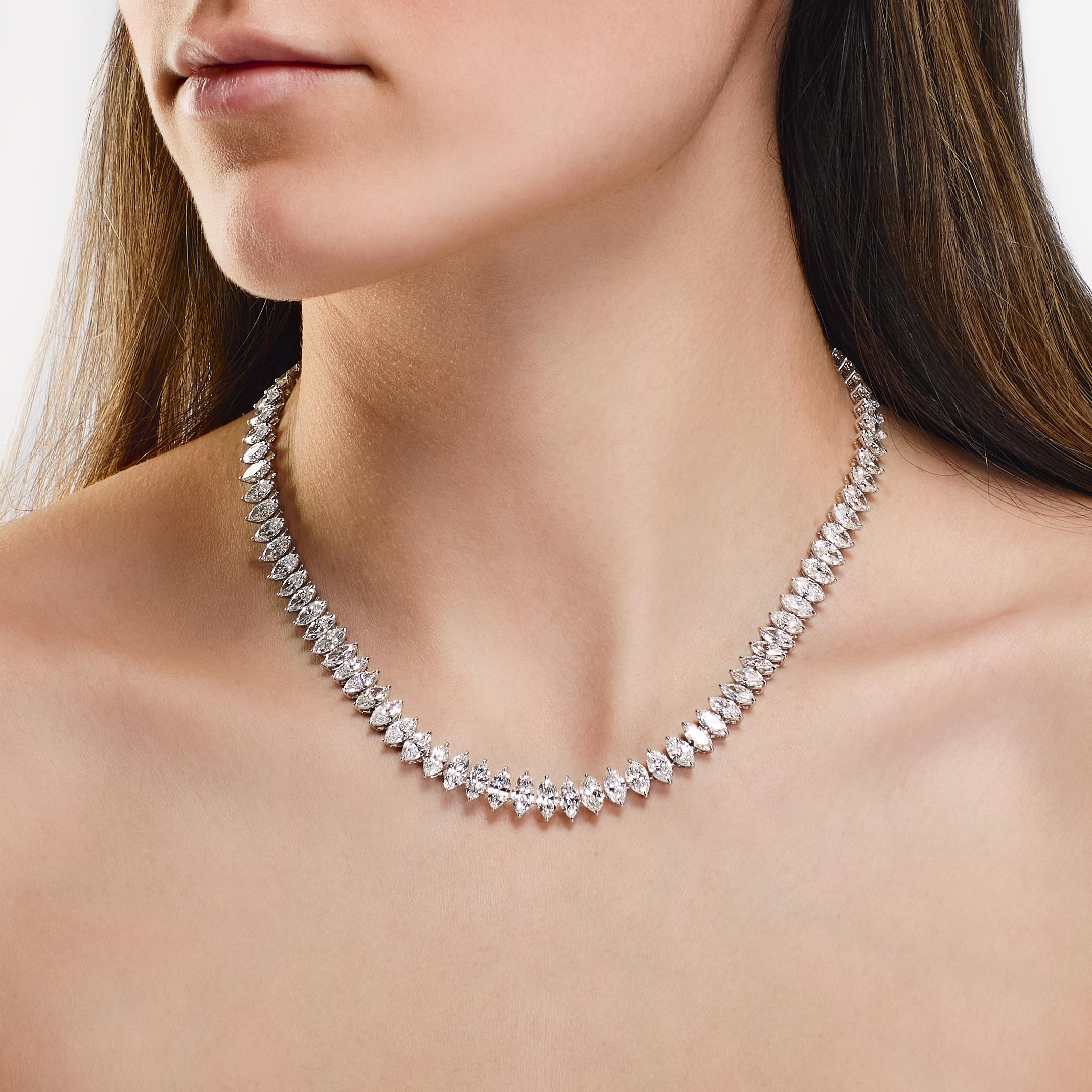 Jewels Aficionado offers a true statement of elegance, this high jewelry necklace is a modern take on the classic diamond tennis necklace. With their elongated shape and brilliant faceting, each marquise diamond enhances the necklace’s fluid design,
