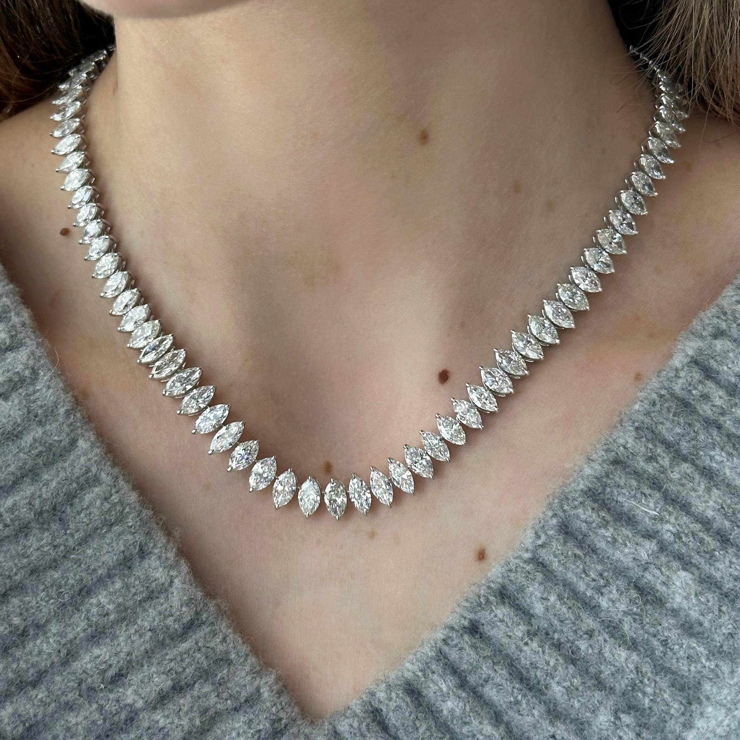 Marquise Cut Marquise Diamond Tennis Necklace 39.50 Carats For Sale